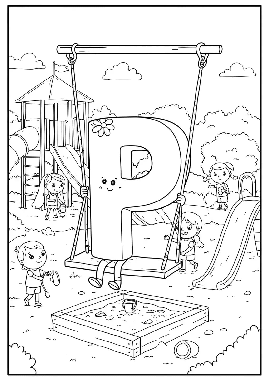 Line art of the letter P on a swing, with slides, sandbox, and children playing.
