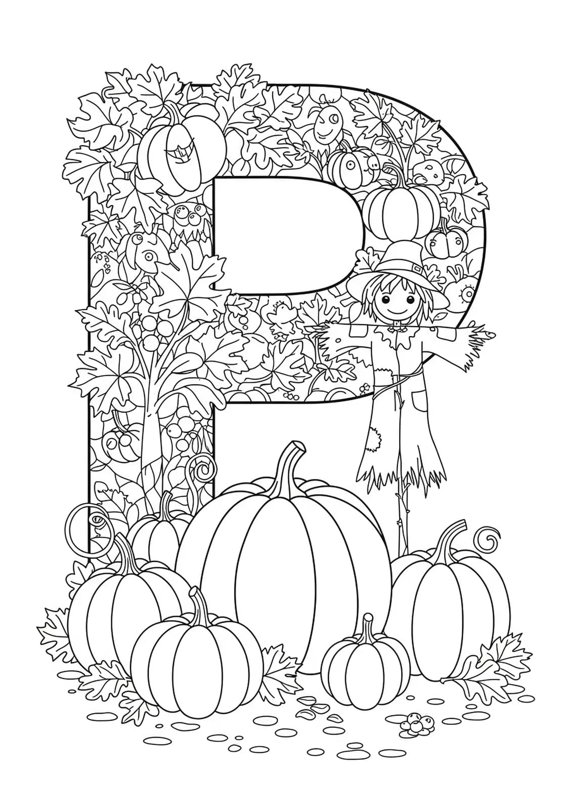 Line art of the letter P in a pumpkin patch with pumpkins, leaves, and a scarecrow.