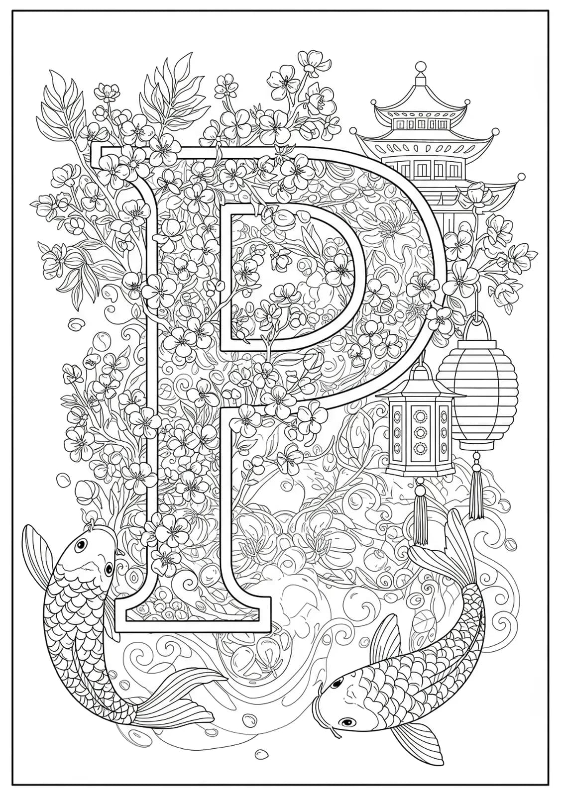 Intricate Japanese sakura garden with cherry blossoms, koi fish, and lanterns surrounding letter P.