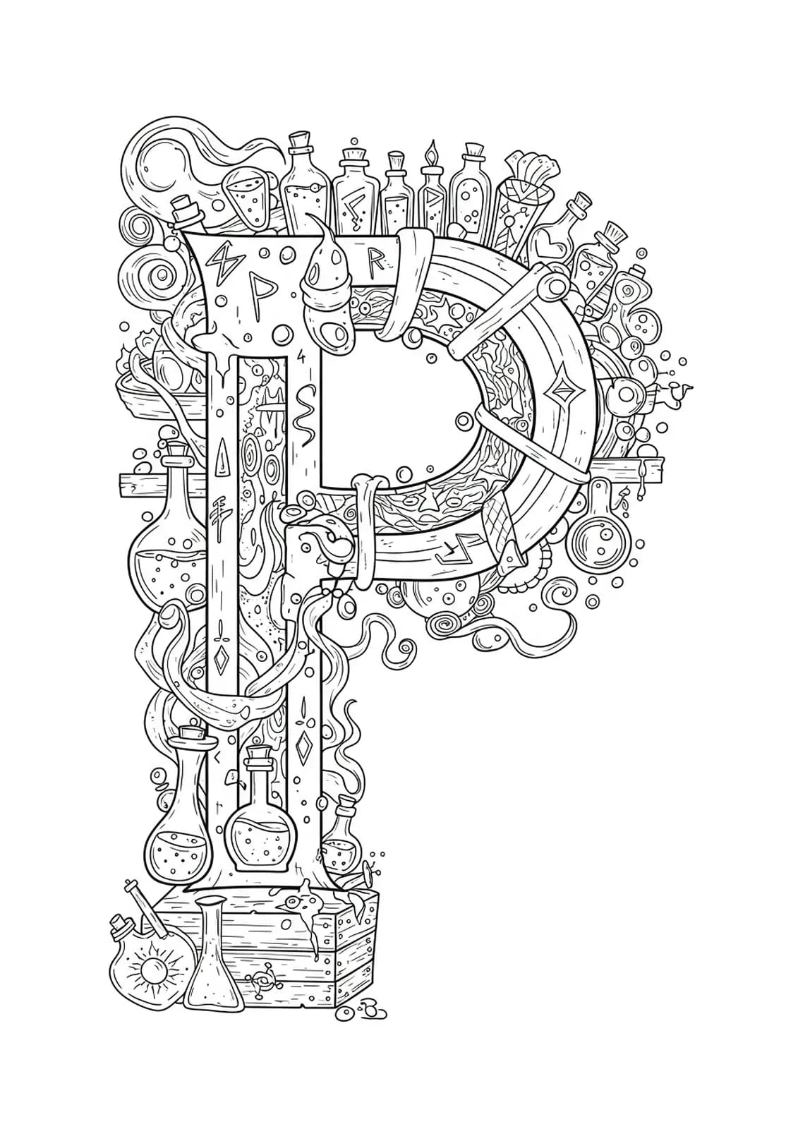 Intricate alchemy lab with potion bottles, magical symbols, and swirling smoke around letter P.