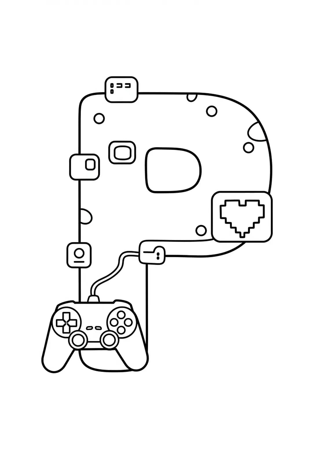 Letter P in pixel squares with game controller and heart icons for a gaming coloring page.