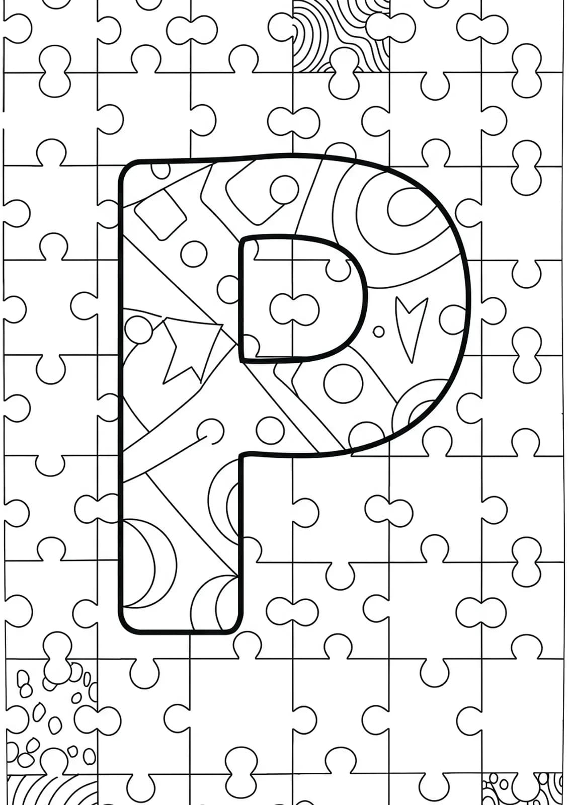 Letter P surrounded by large puzzle piece outlines and simple geometric patterns.