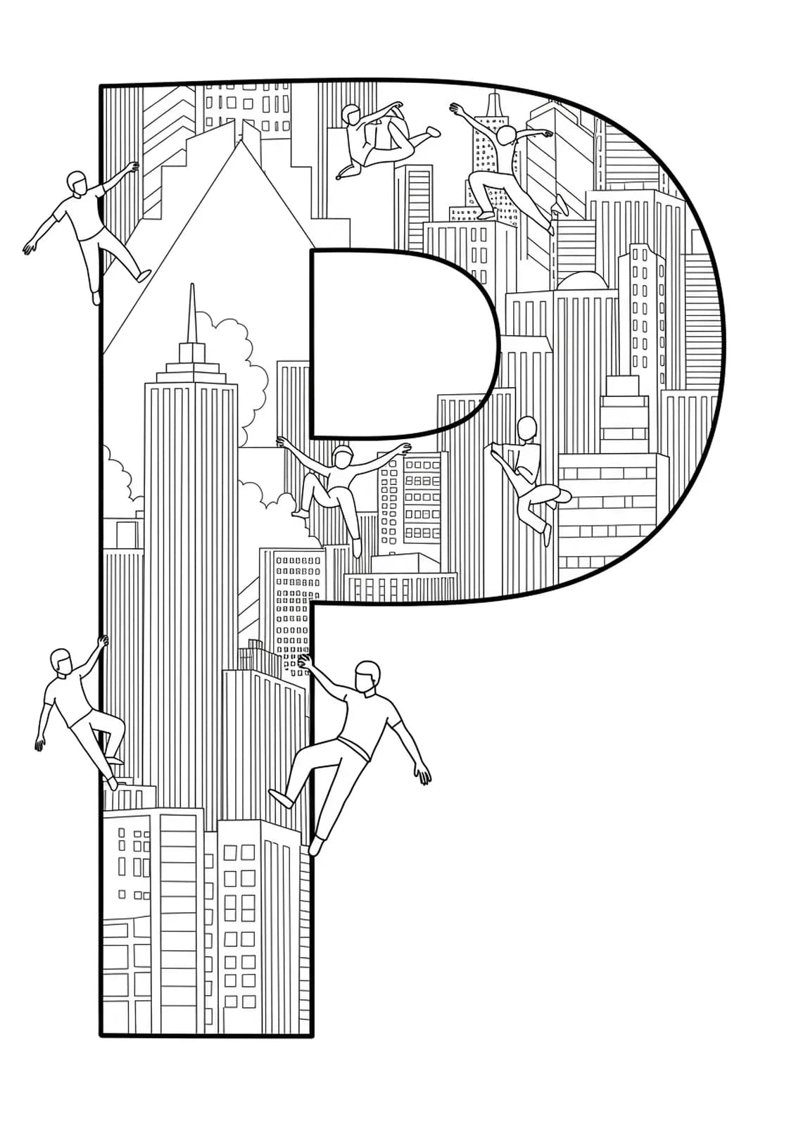 Intricate parkour figures moving around letter P with detailed urban backgrounds for teen coloring.