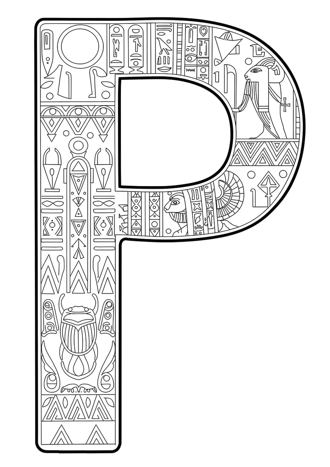 Letter P decorated with Egyptian hieroglyphics, scarab beetles, and ornate ancient motifs