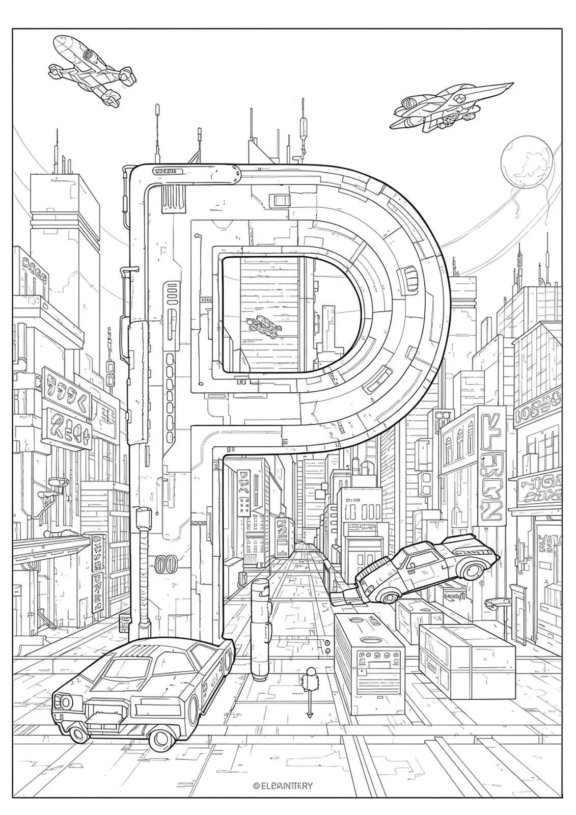 Black and white line art of the letter P surrounded by a cyberpunk city with futuristic buildings and vehicles, medium complexity.