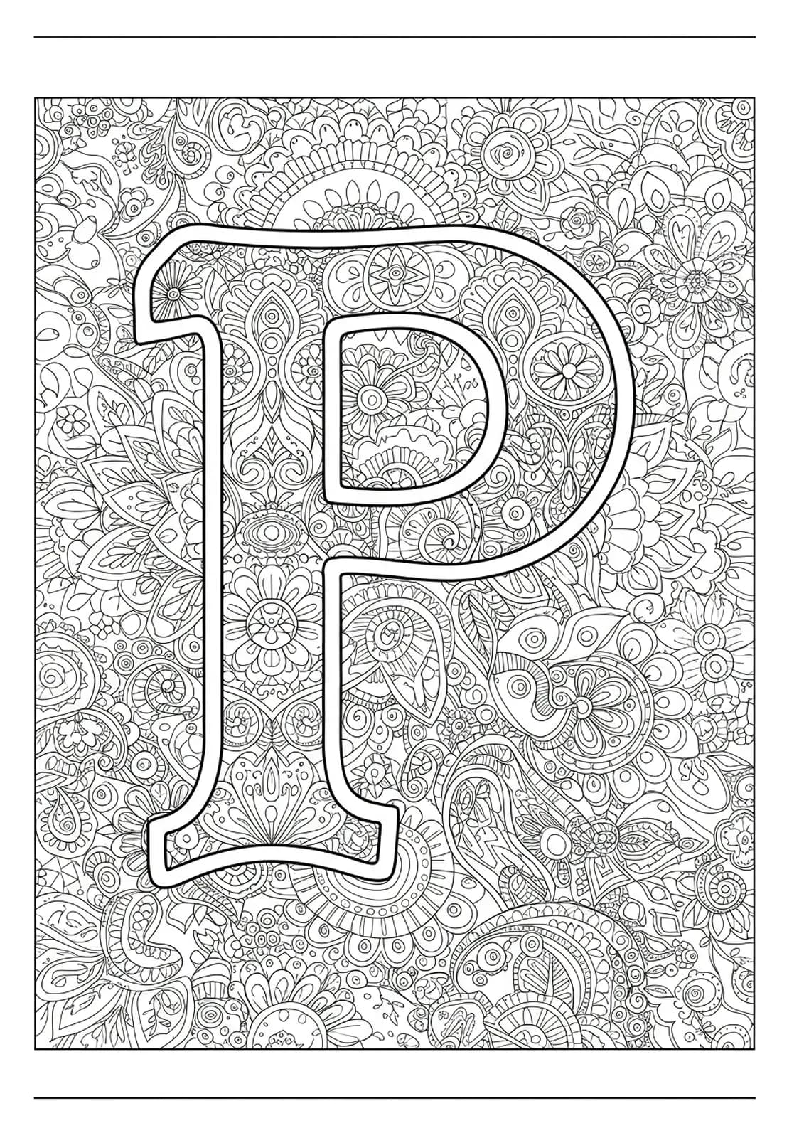 Intricate mandala paisley patterns forming and surrounding the letter P, black and white