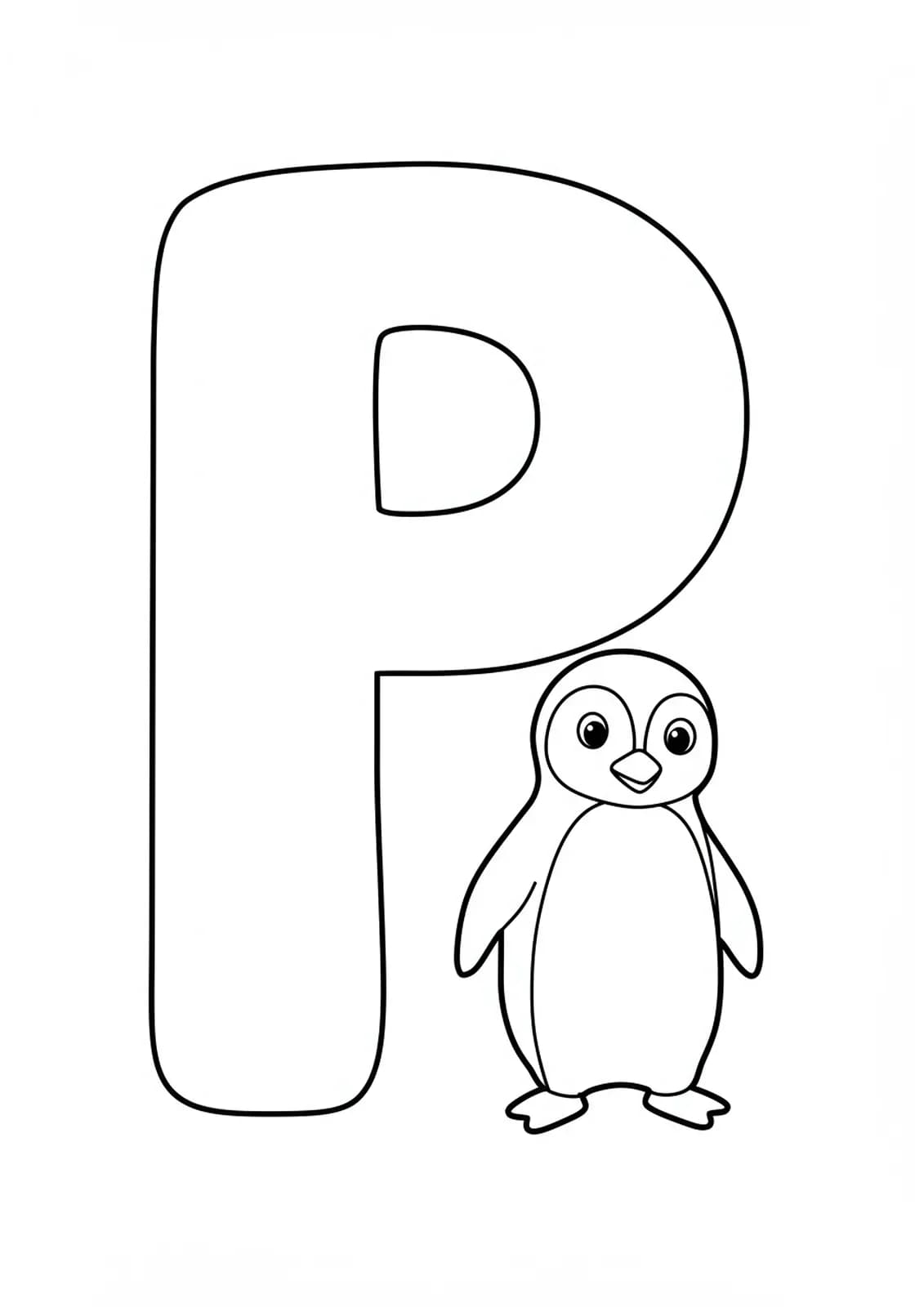 Large letter P with a cartoon penguin standing next to it, simple and friendly design.