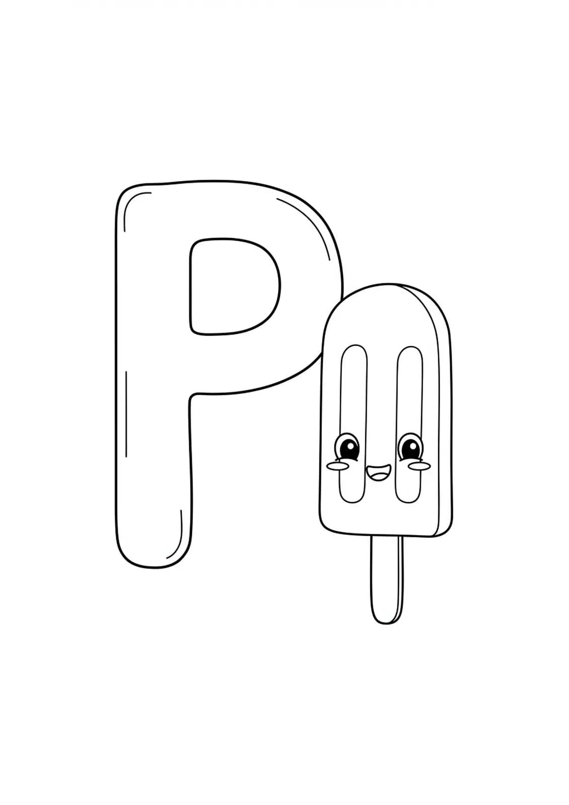 Large letter P with a basic popsicle on a stick, bold and simple lines.