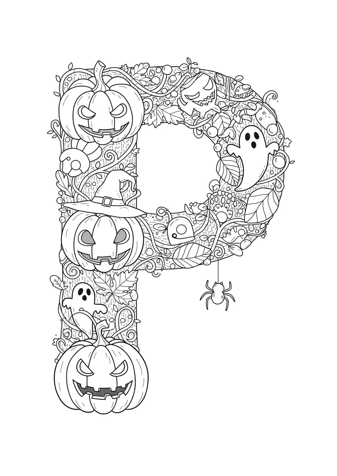 Letter P with pumpkins, ghosts, bats, and patterned leaves for Halloween fun.