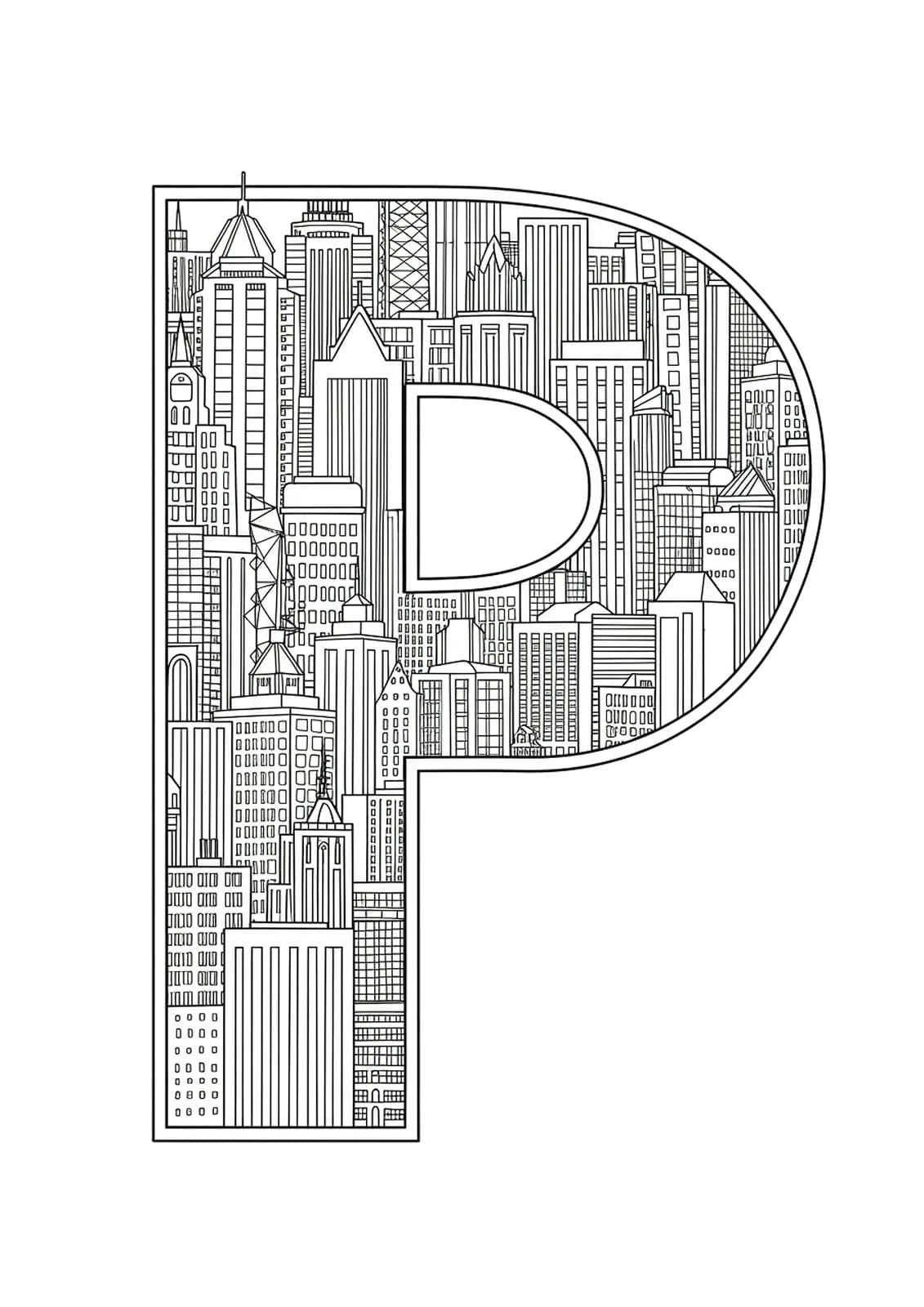 Letter P combined with urban buildings and cityscape outlines for coloring.