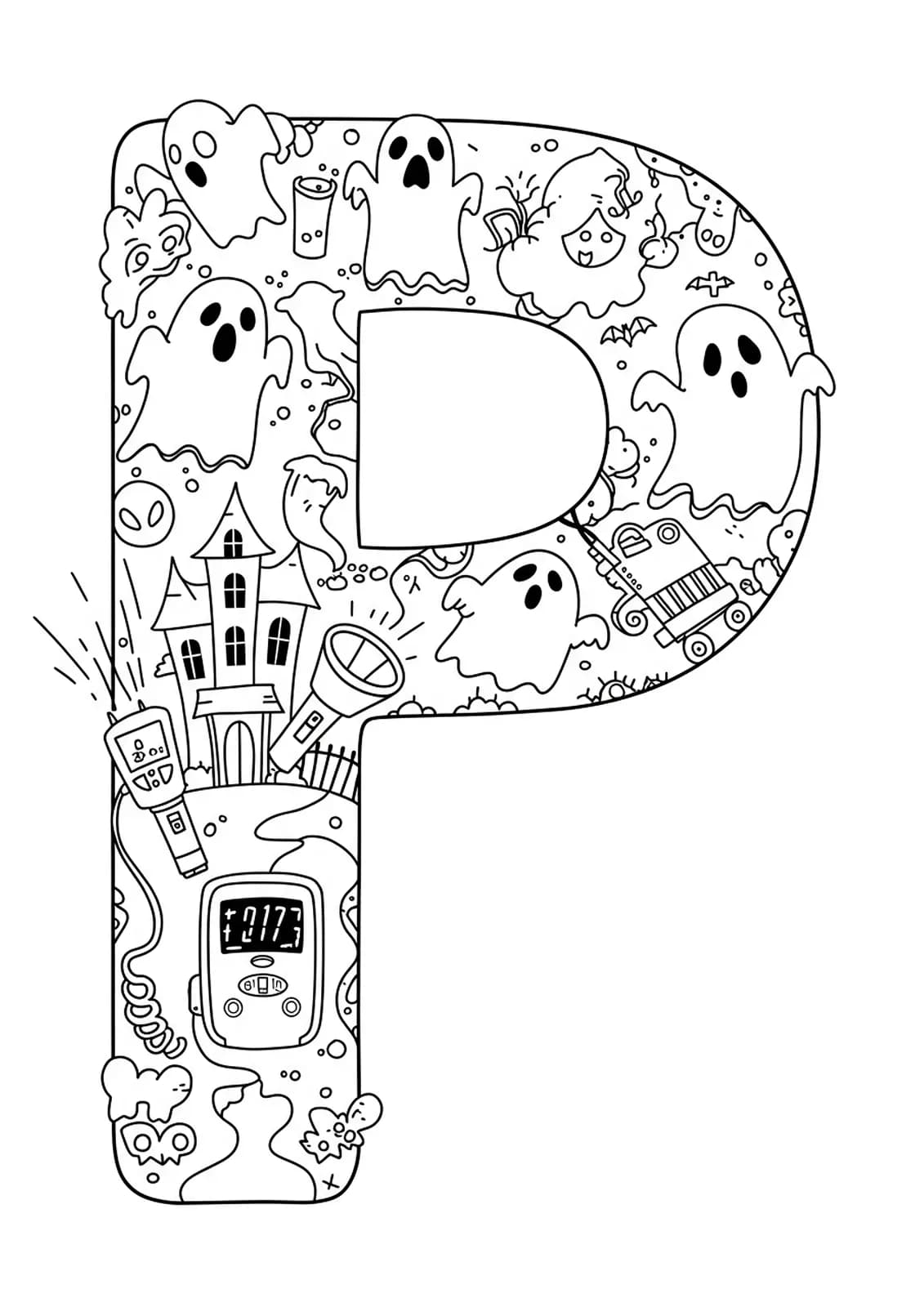 Letter P surrounded by ghost illustrations, haunted house, and ghost-hunting equipment, medium detail.