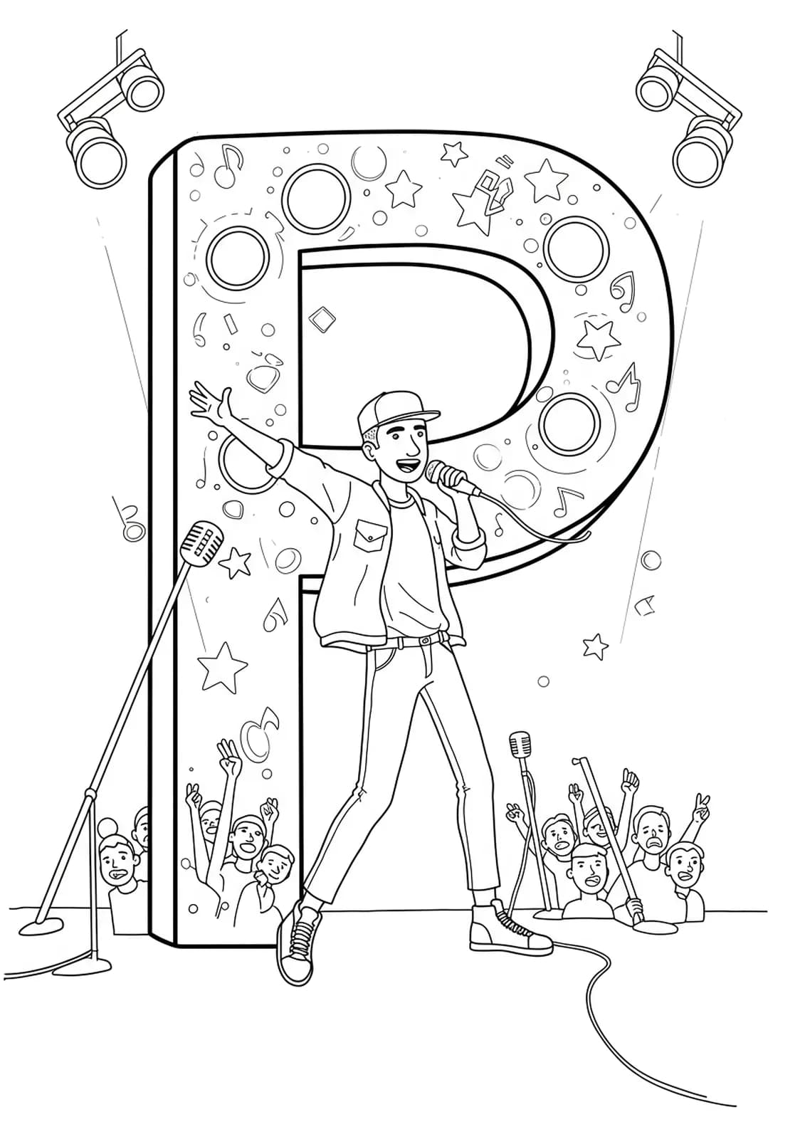Line art of the letter P next to a pop star on stage with microphones, lights, and an audience, medium detail.