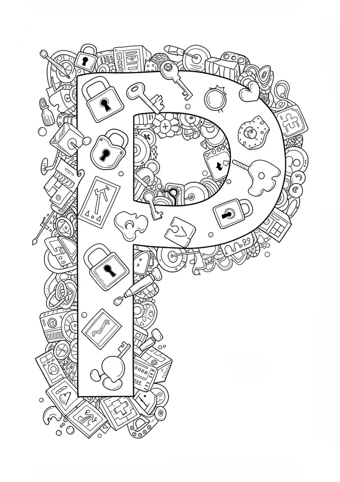 Letter P with locks, keys, puzzle pieces, clues, and escape room objects, medium detail.