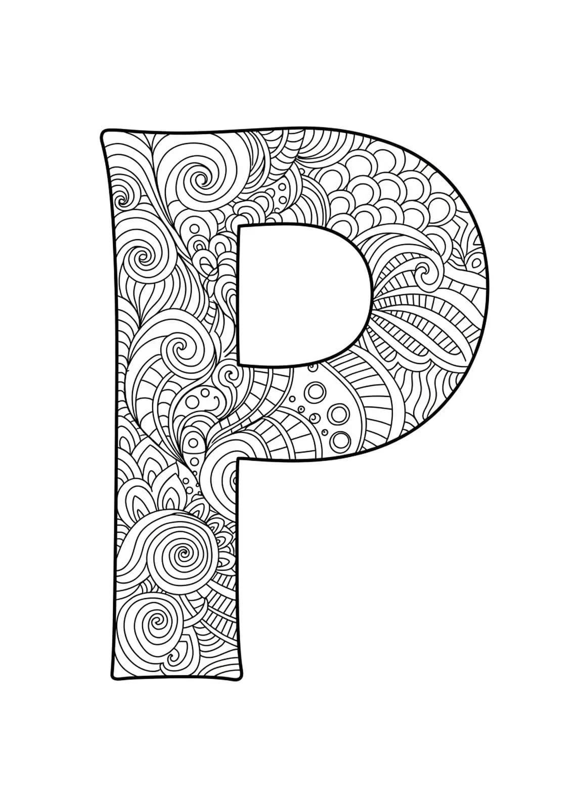 Letter P with spacious, easy Zen patterns such as waves and circles, suitable for adult coloring.