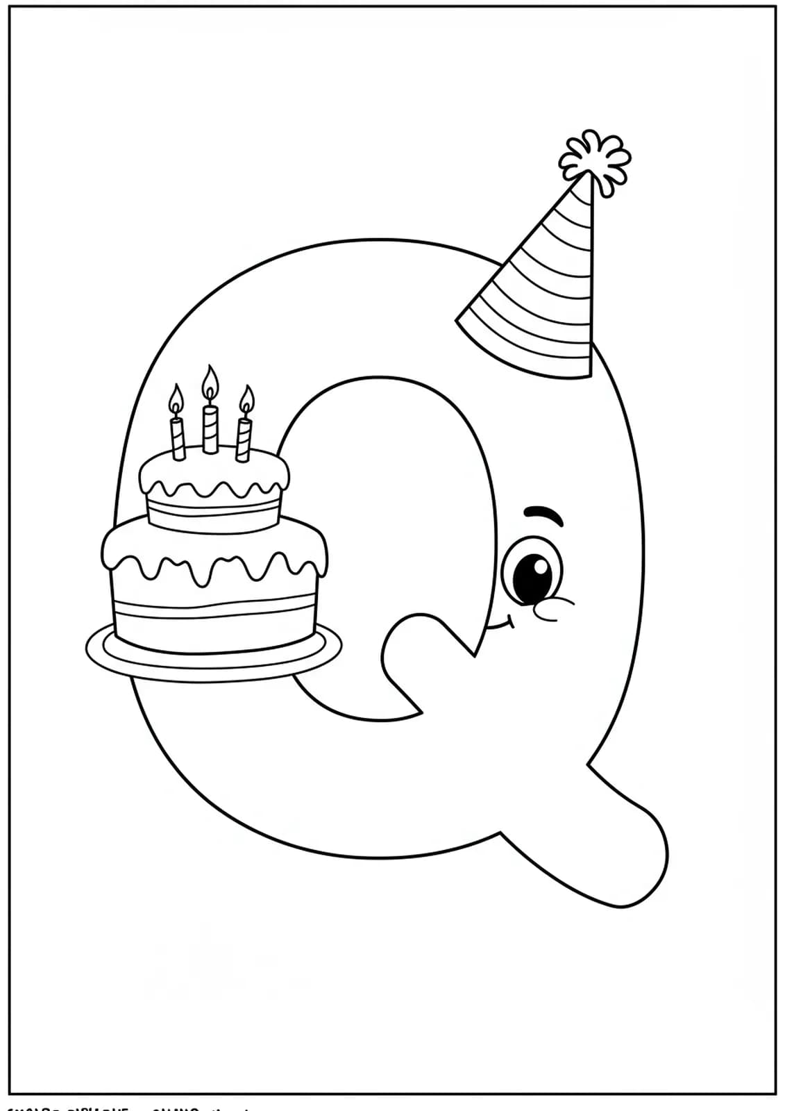 Large letter Q with a cartoon birthday cake and party hat, simple and easy-to-color outlines.