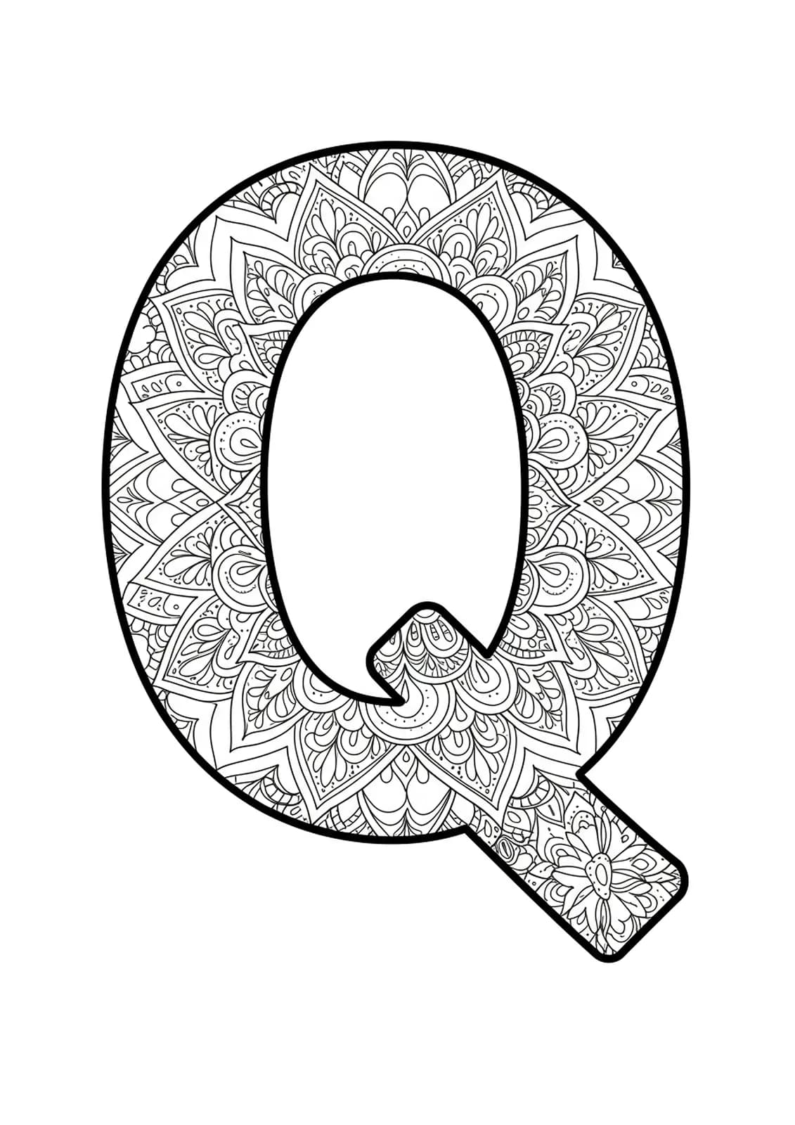 An ornate letter Q filled with intricate mandala and quilt-inspired geometric patterns for adult coloring.