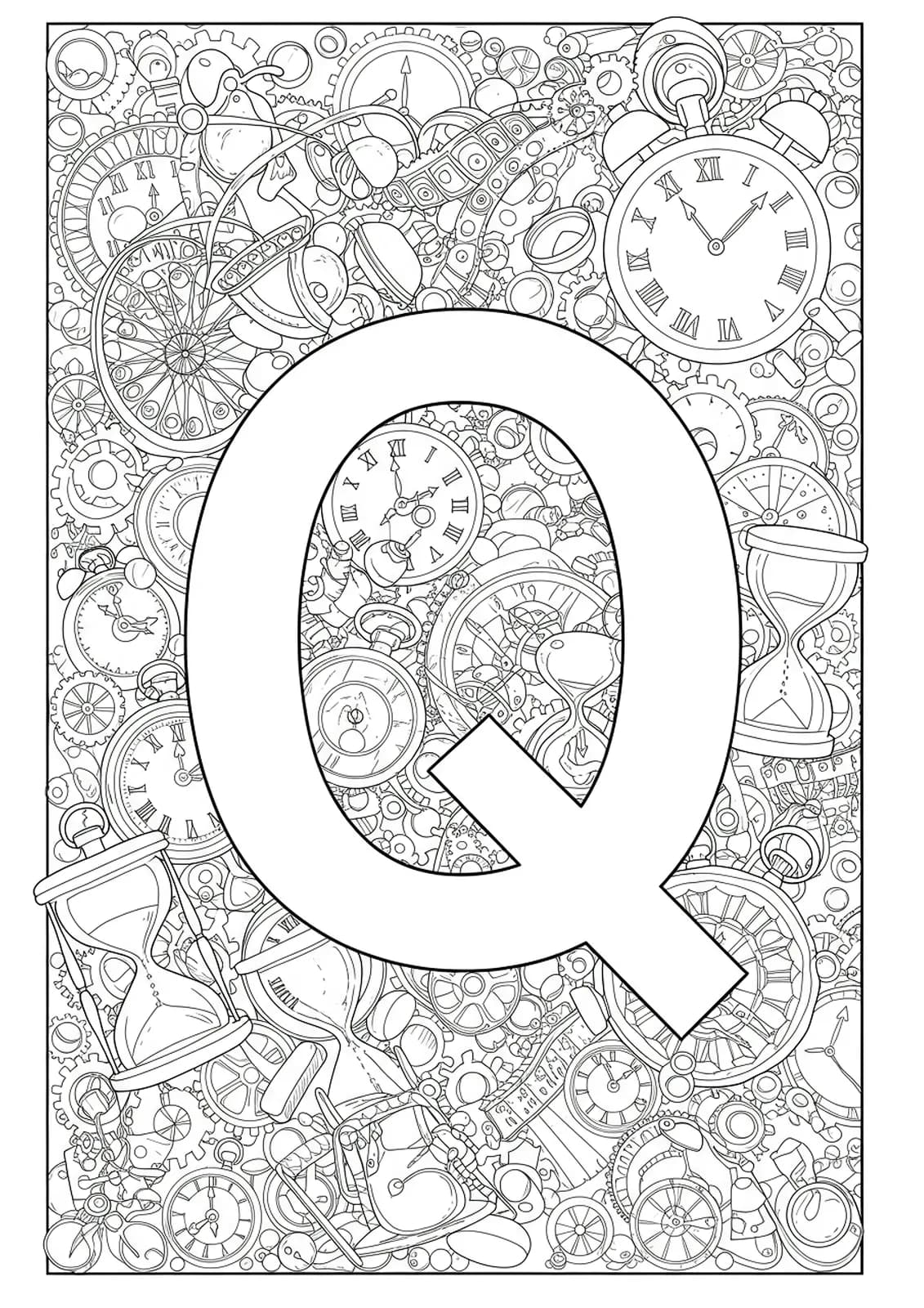 A large letter Q surrounded by outlines of clocks, timepieces, hourglasses, and gears