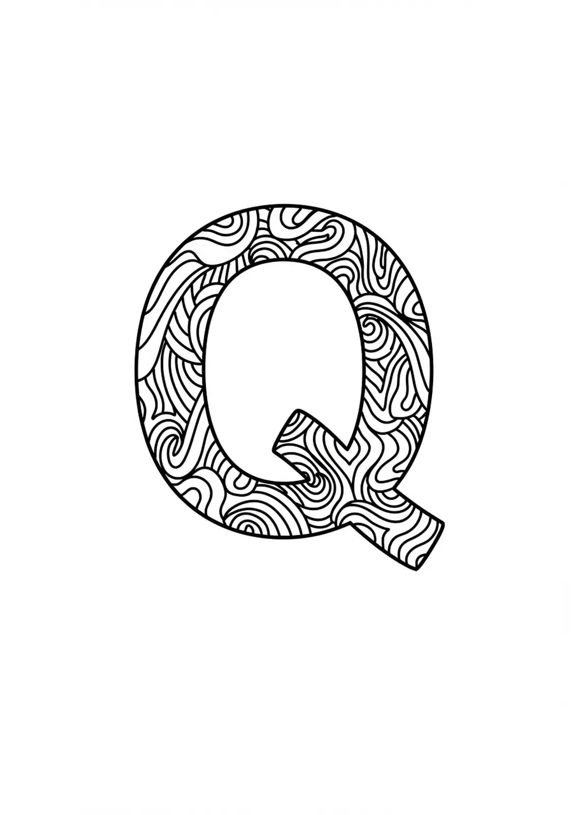 Abstract wave-themed letter Q coloring page for adults, with simple flowing wave lines around the letter.