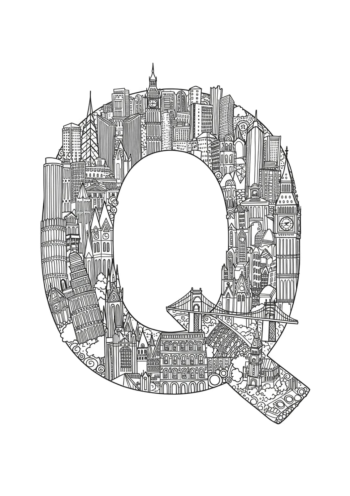 Intricate cityscape with architectural landmarks intertwined with the letter Q, designed for teens.