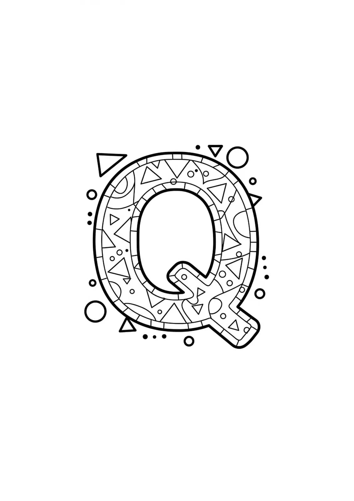 Geometric-patterned letter Q coloring page for adults, with simple shapes around the letter.
