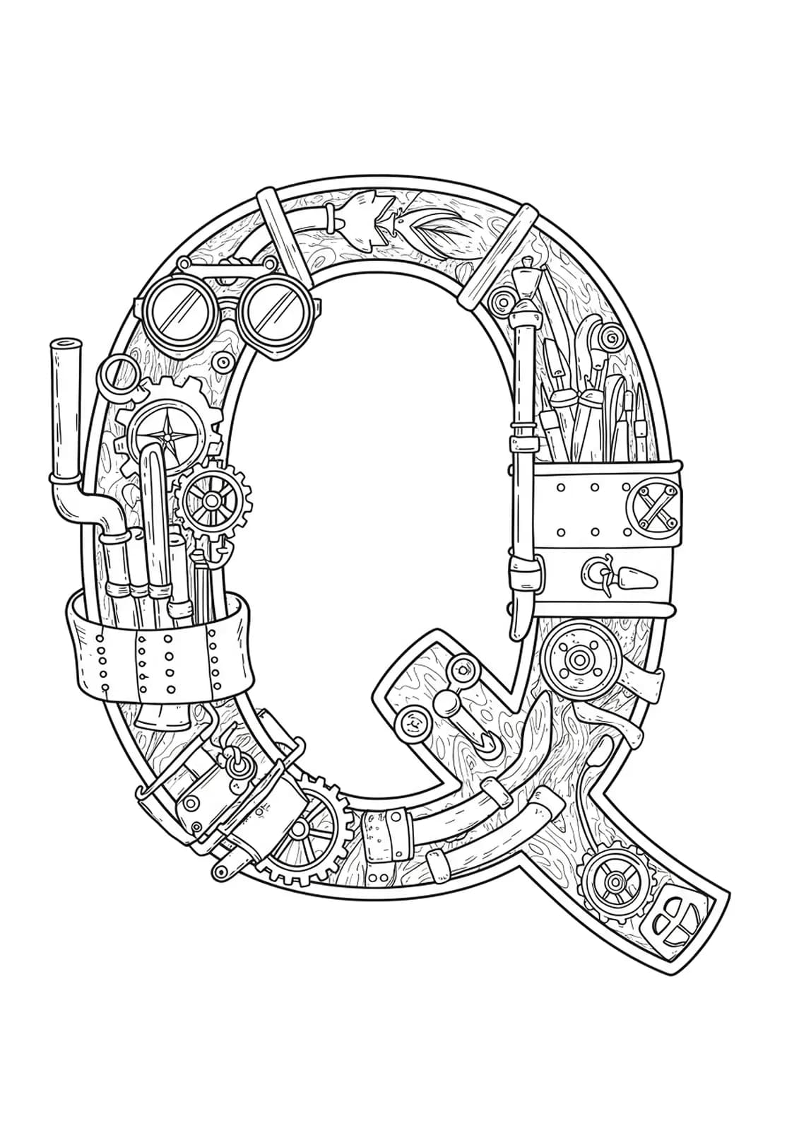 A detailed steampunk-themed letter Q with gears, pipes, and Victorian steampunk accessories for teens.