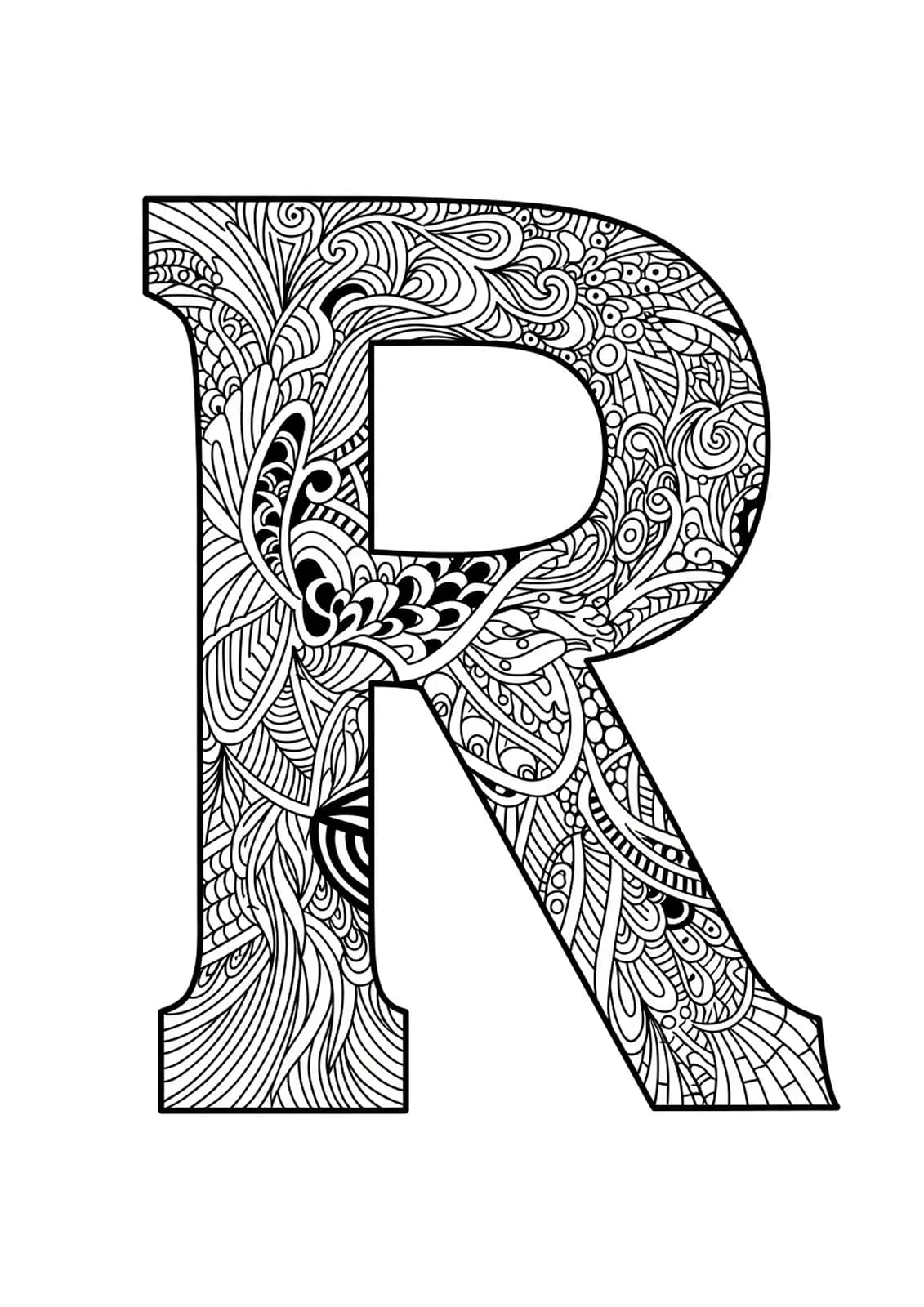 Letter R covered in complex abstract tribal tattoo motifs with interwoven lines and shapes for adult coloring.