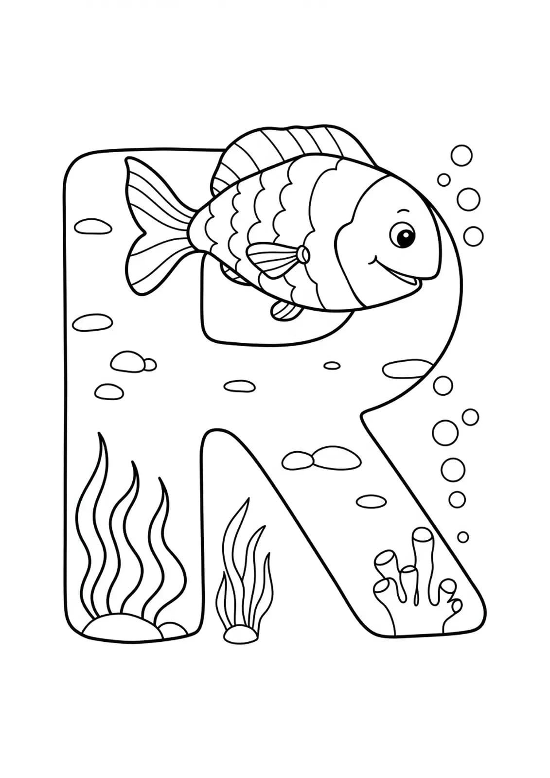 Coloring page with a large letter R, rainbow fish, seaweed, and bubbles