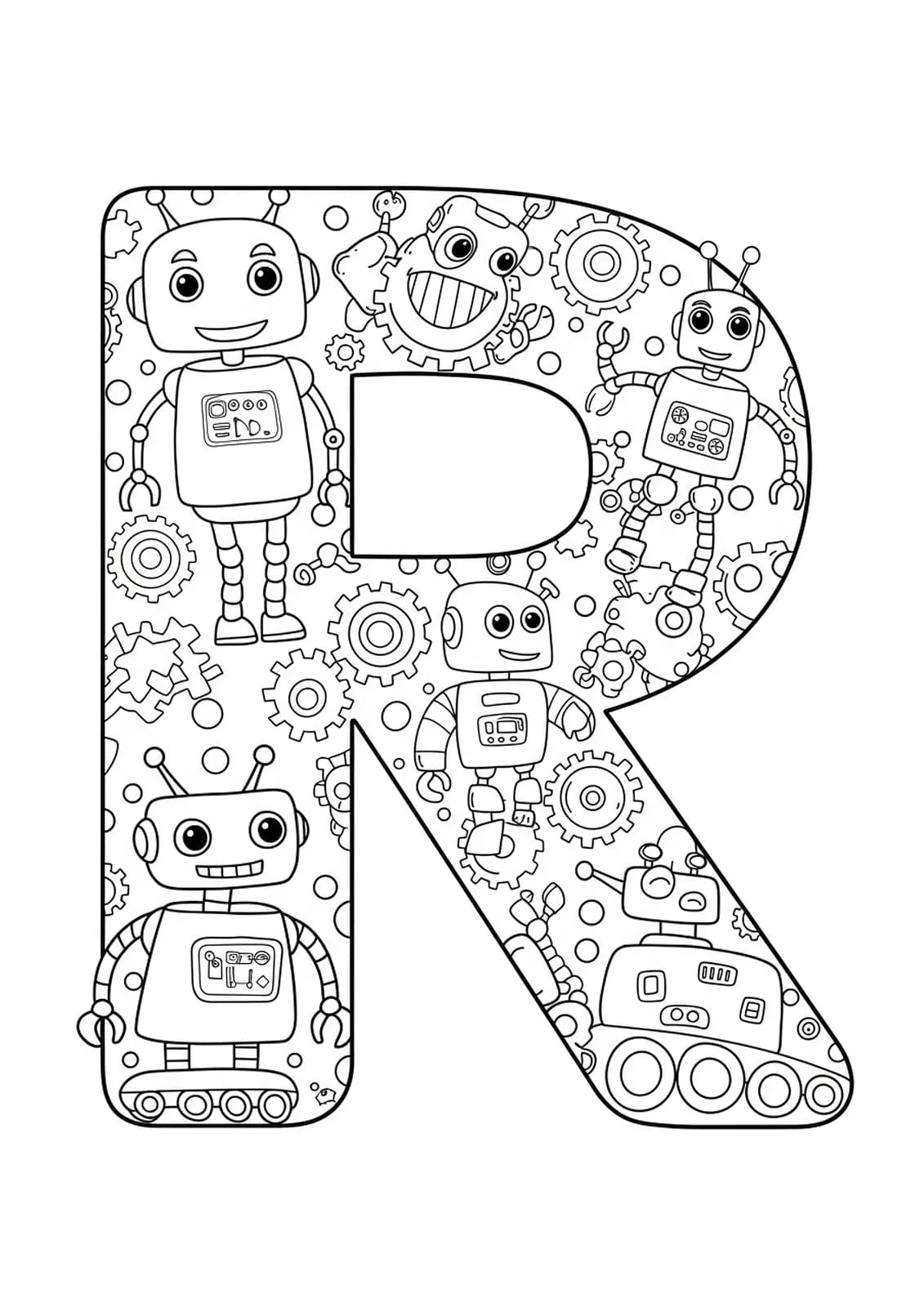 Coloring page with a large letter R, cute robots, and simple robot parts
