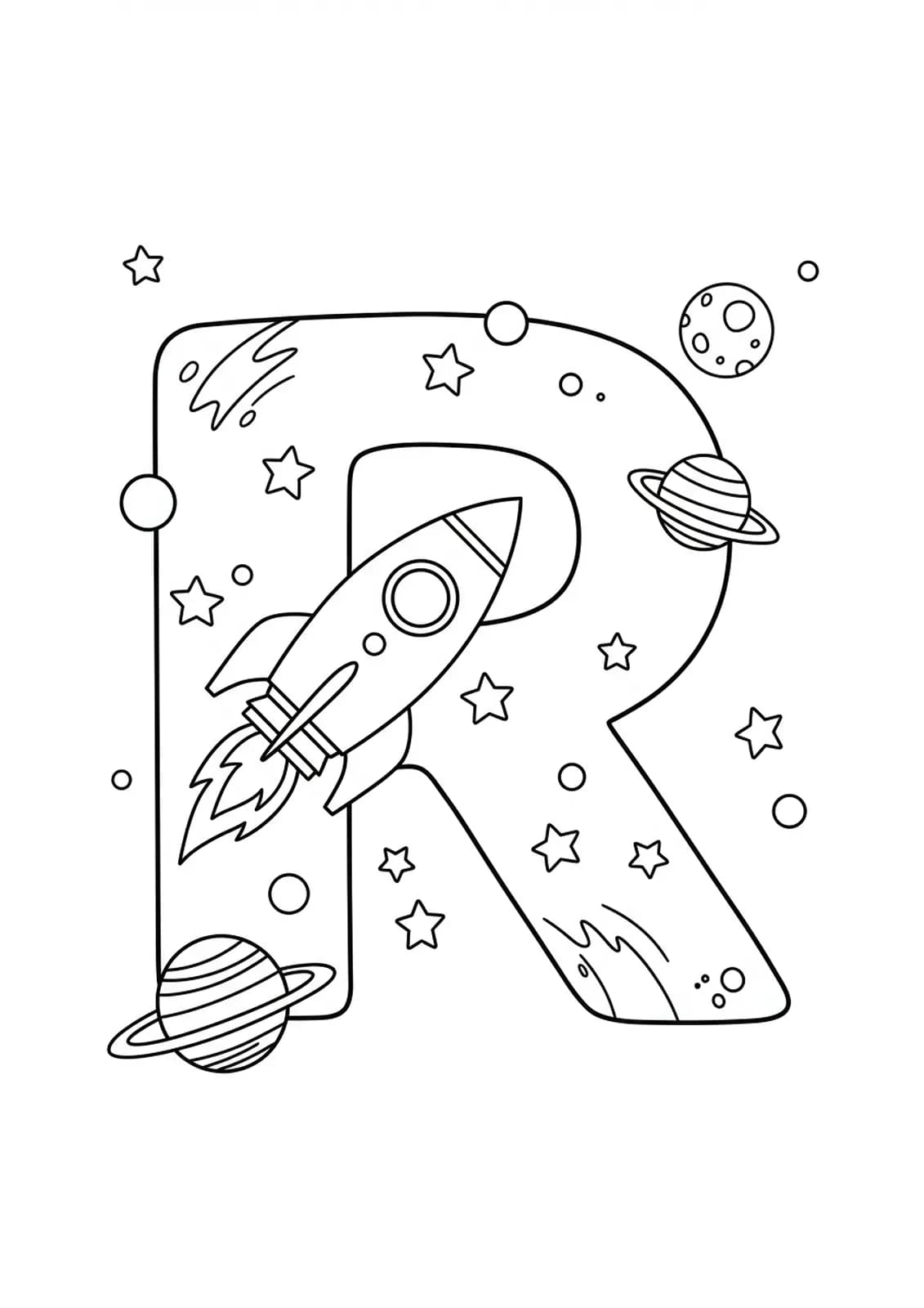 Coloring page with a large letter R, rocket ship, stars, and planets