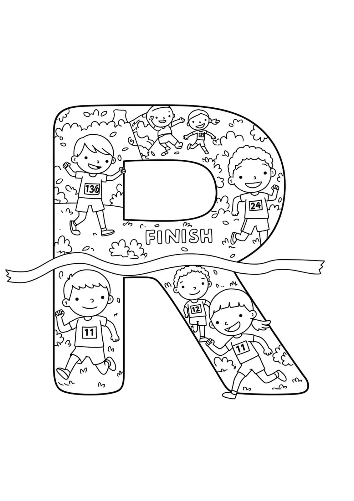 Coloring page with a large letter R, children running, and a race finish line