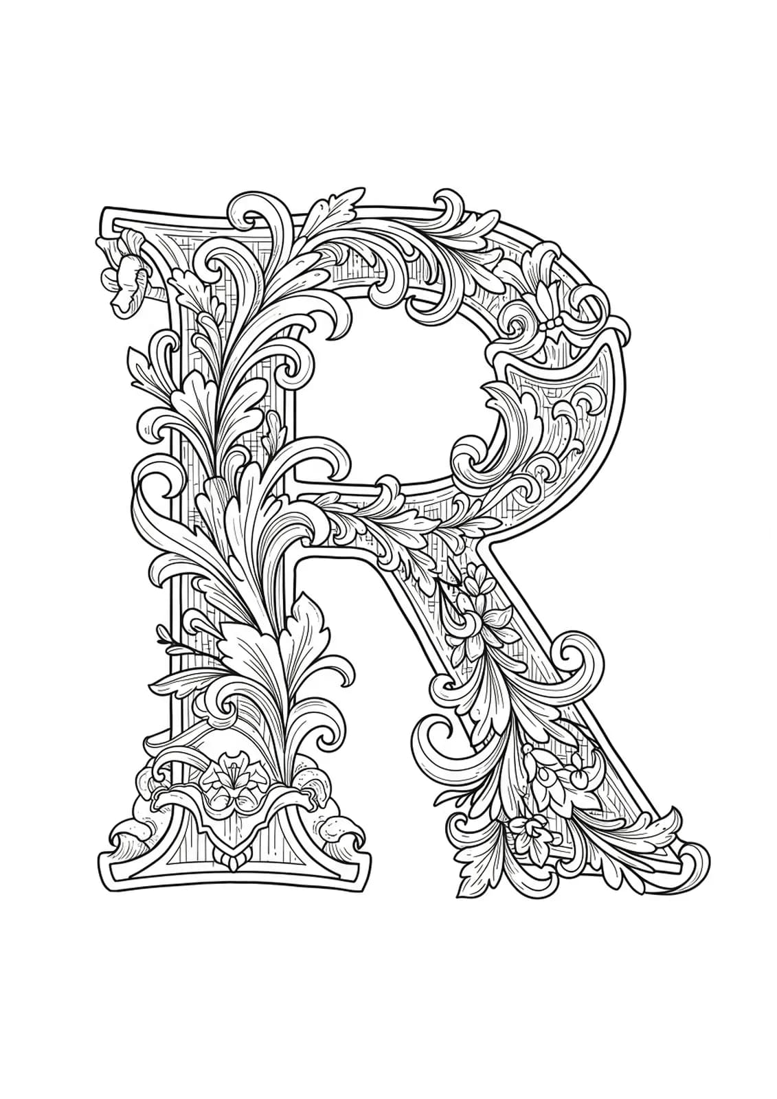 Letter R with renaissance scrollwork, floral motifs, and decorative frames, medium detail for teens