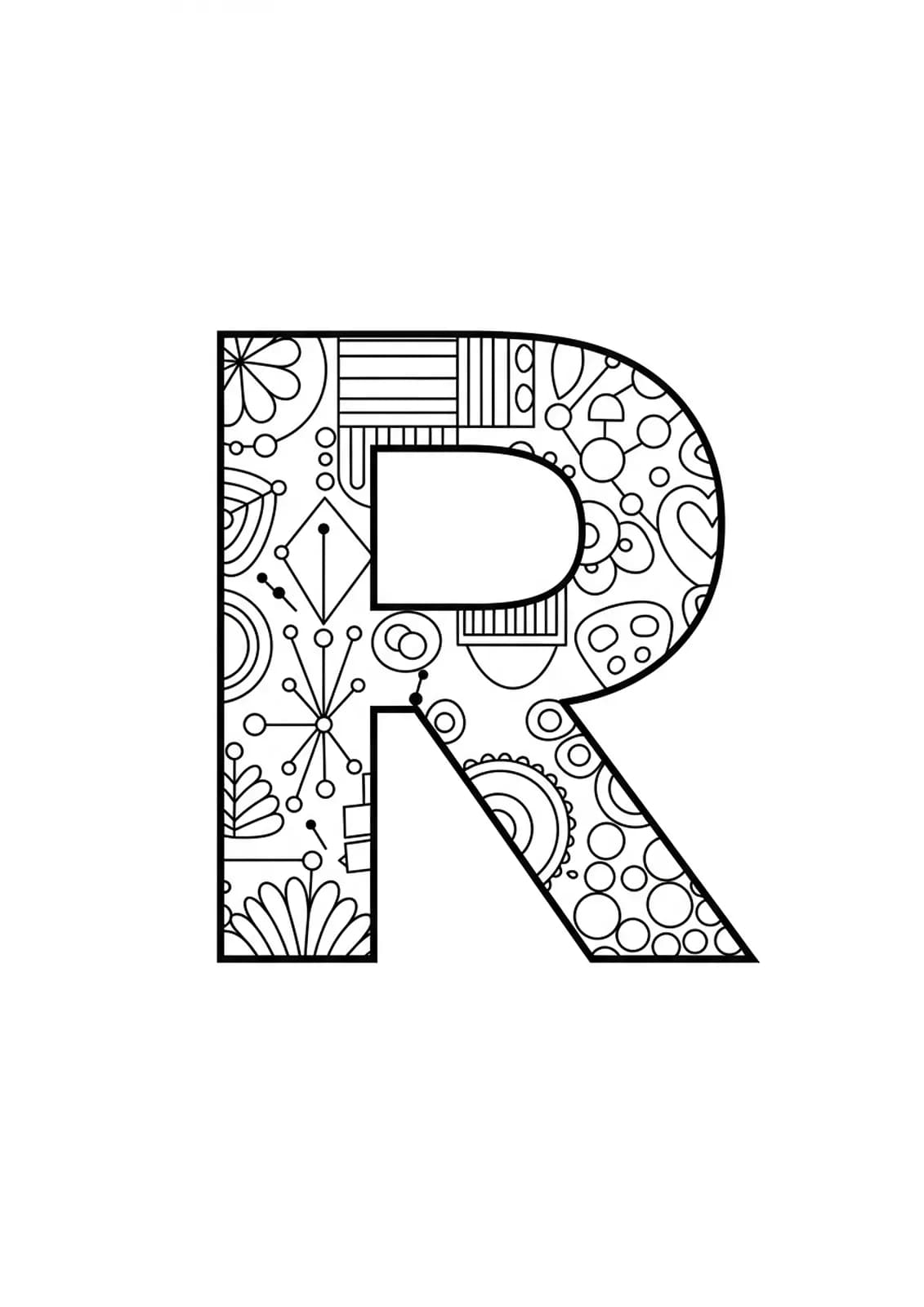 The letter R decorated with retro patterns like circles and wavy lines, simple and easy to color.