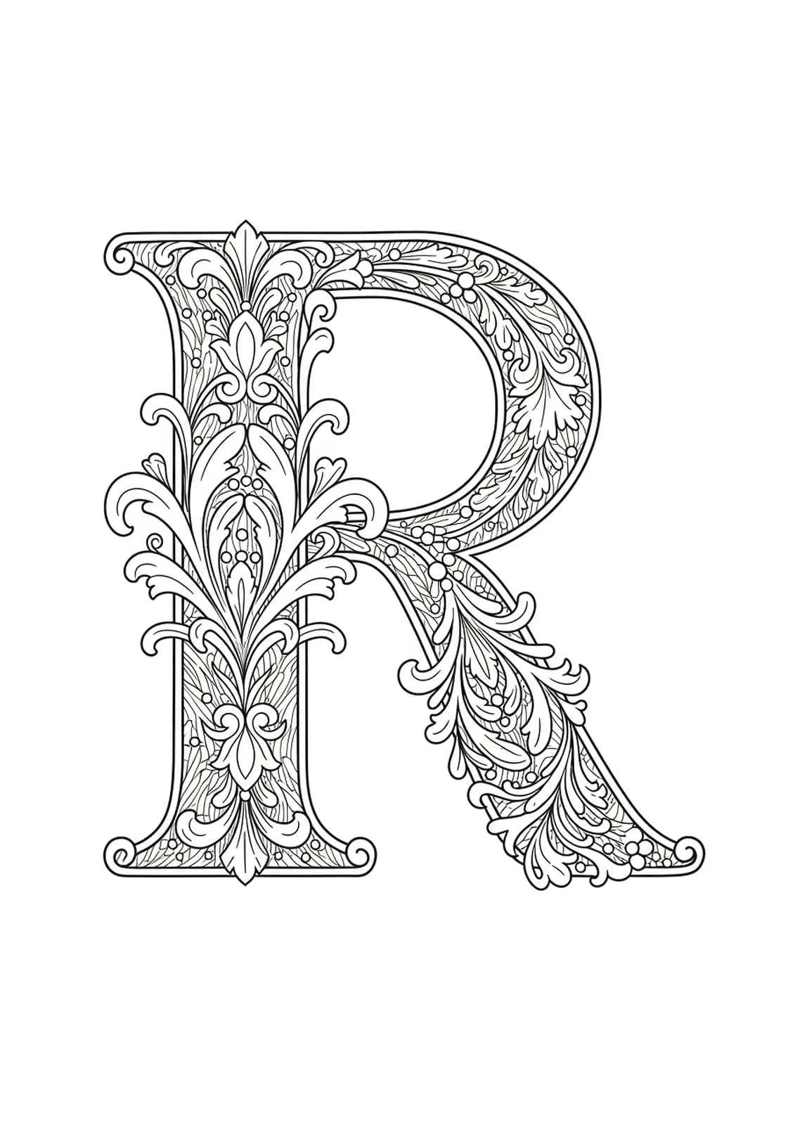 Letter R embellished with ornate Renaissance-style filigree and swirling floral motifs for intricate adult coloring.