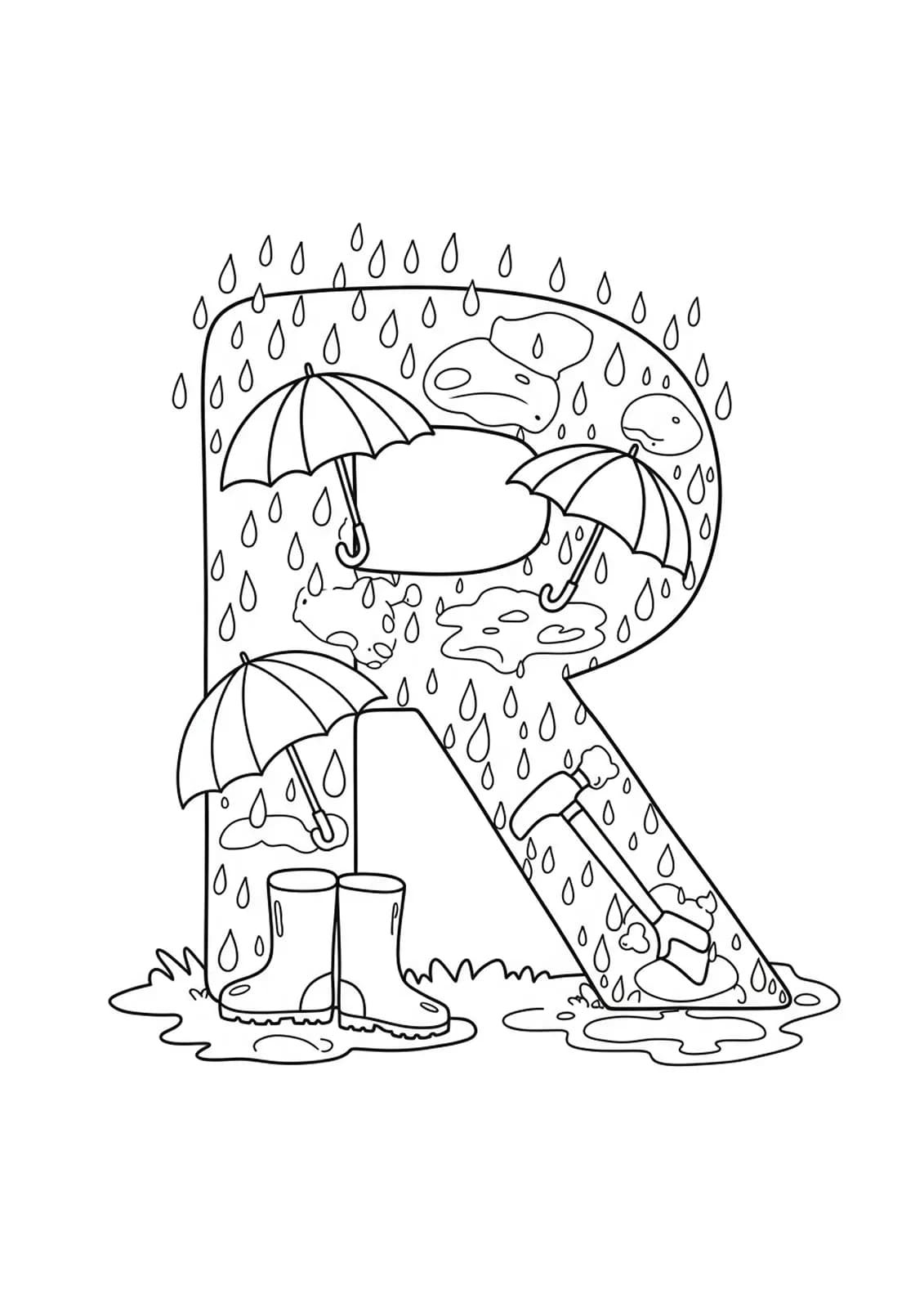 Medium-detail line art coloring page of the letter R with umbrellas, raindrops, boots, and puddles