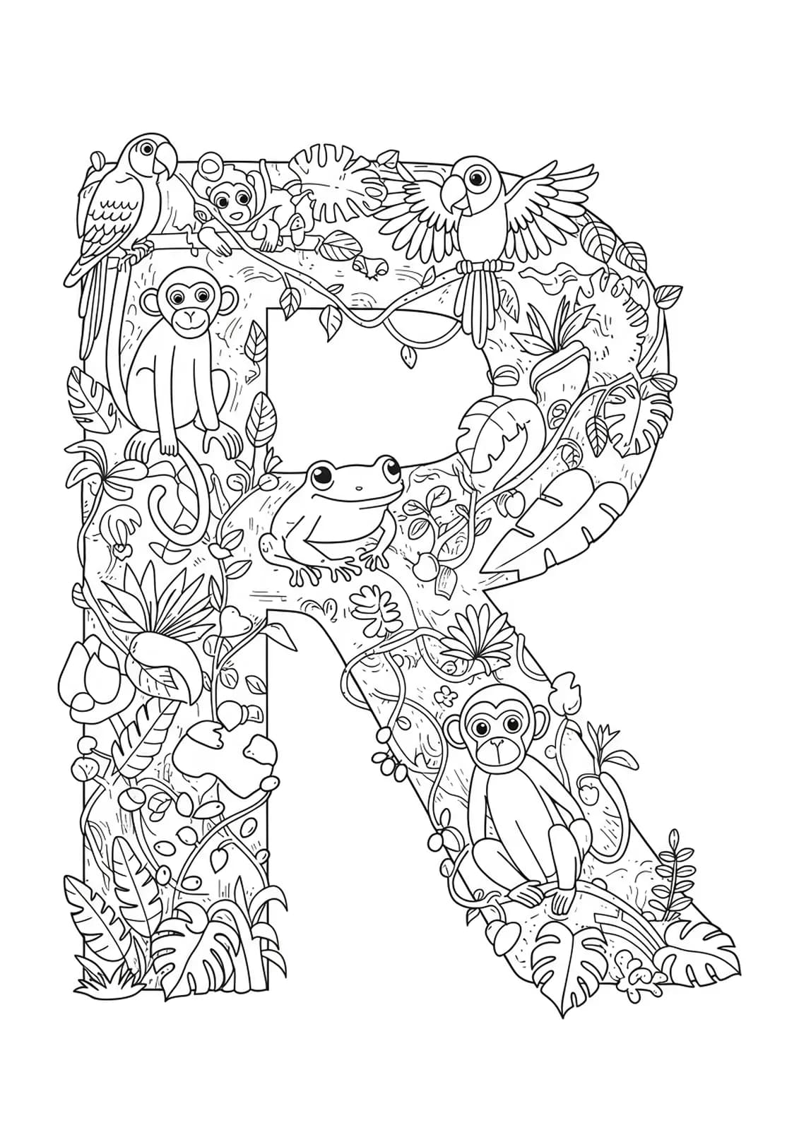 Intricate coloring page of the letter R with rainforest animals and detailed foliage for preschoolers