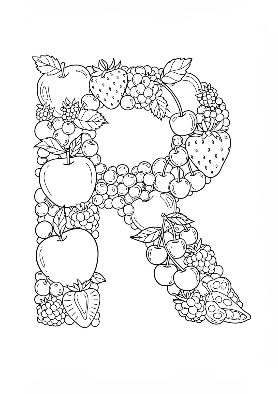 Intricate coloring page of the letter R with detailed red fruits like strawberries and cherries for preschoolers