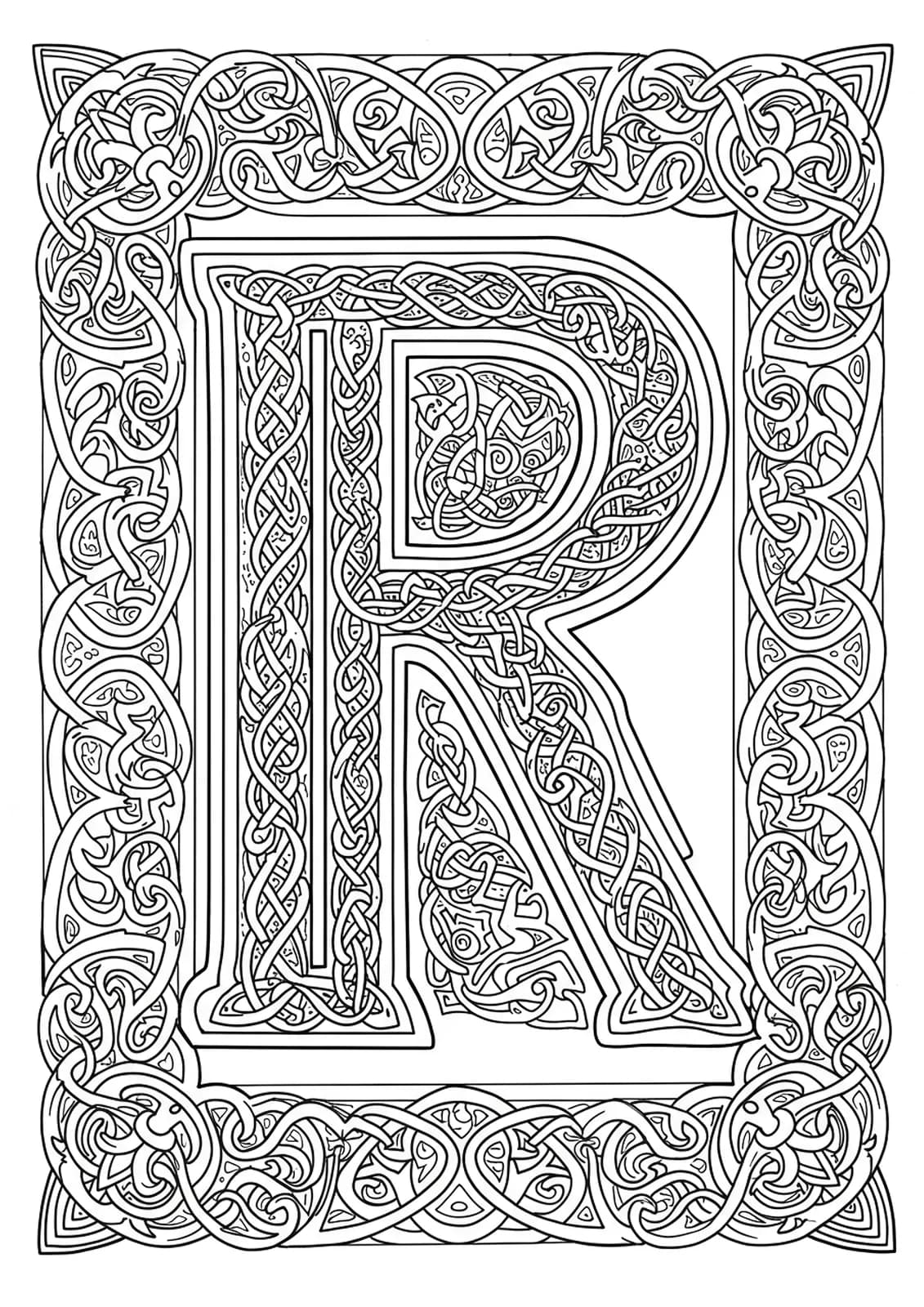 Letter R surrounded by classic Celtic knotwork and looping patterns at medium complexity