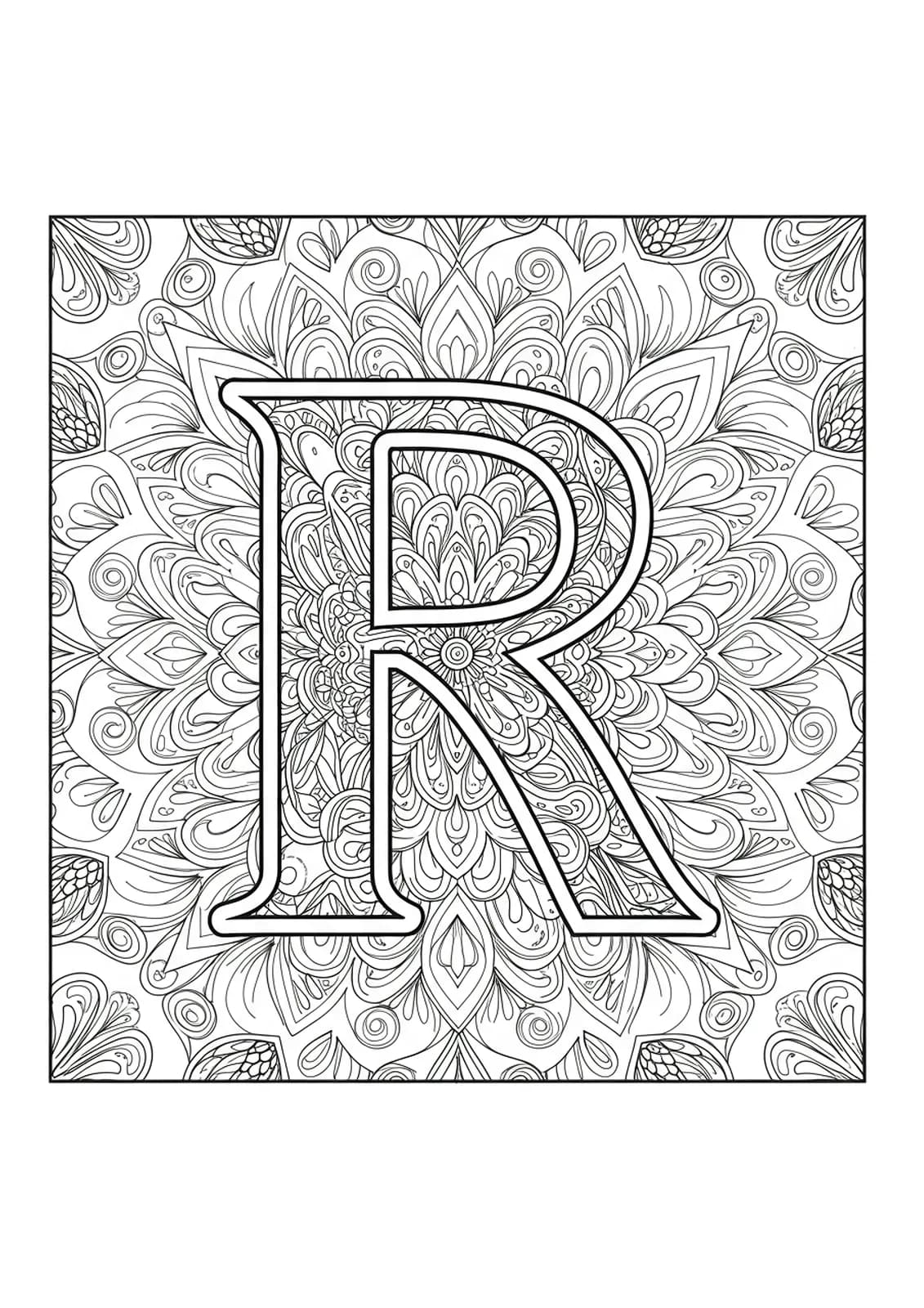 Letter R surrounded by Art Nouveau inspired mandala patterns with medium intricate details
