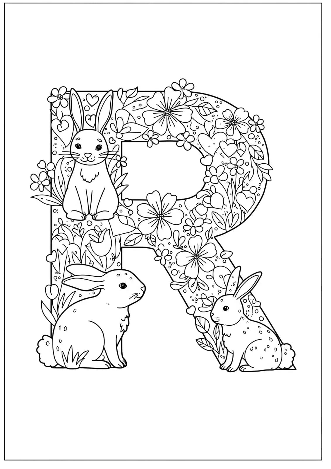 Line art coloring page of the letter R with rabbits, flowers, and spring leaves