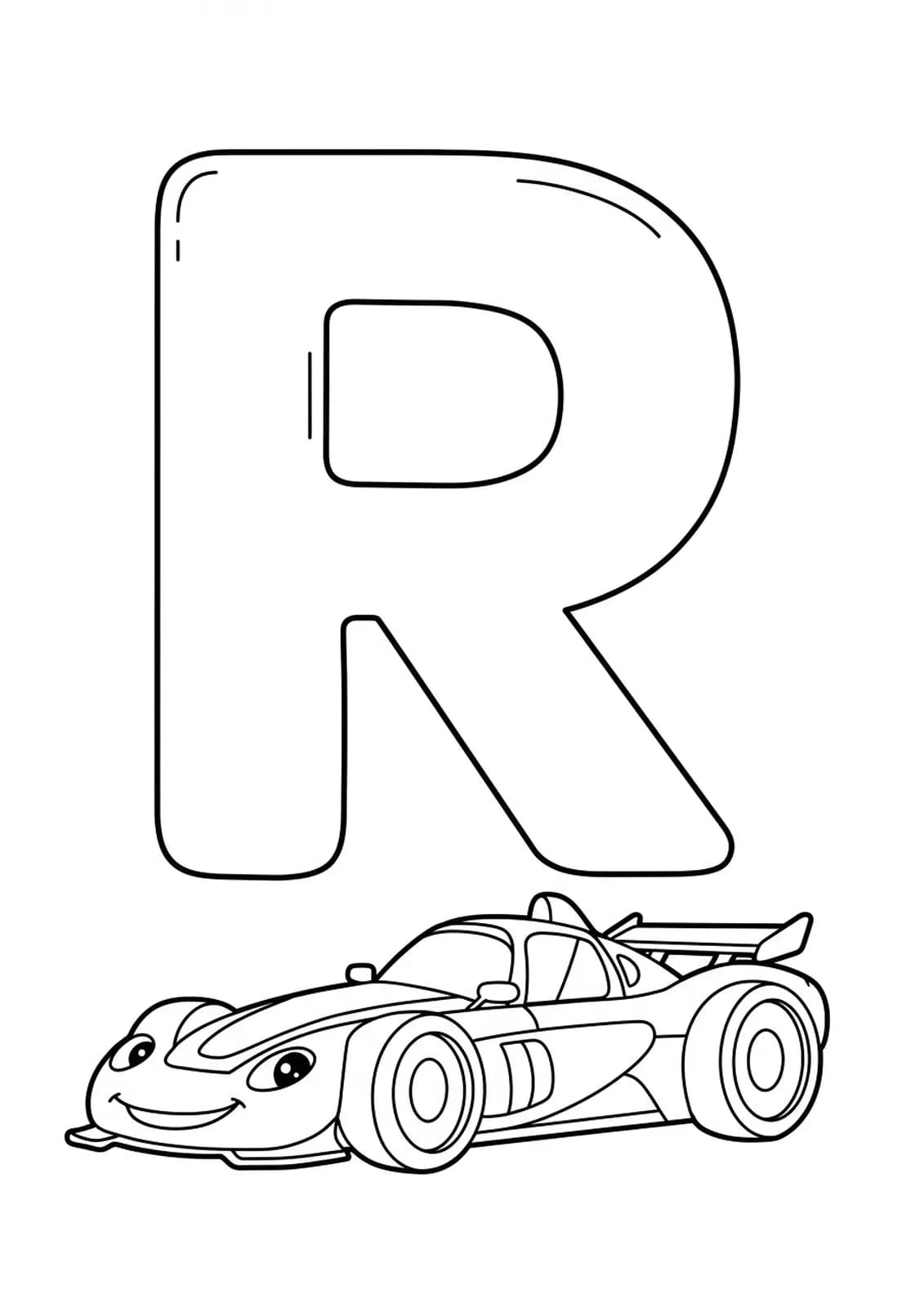 Large letter R with a cartoon racing car zooming beside it, easy outlines for coloring.