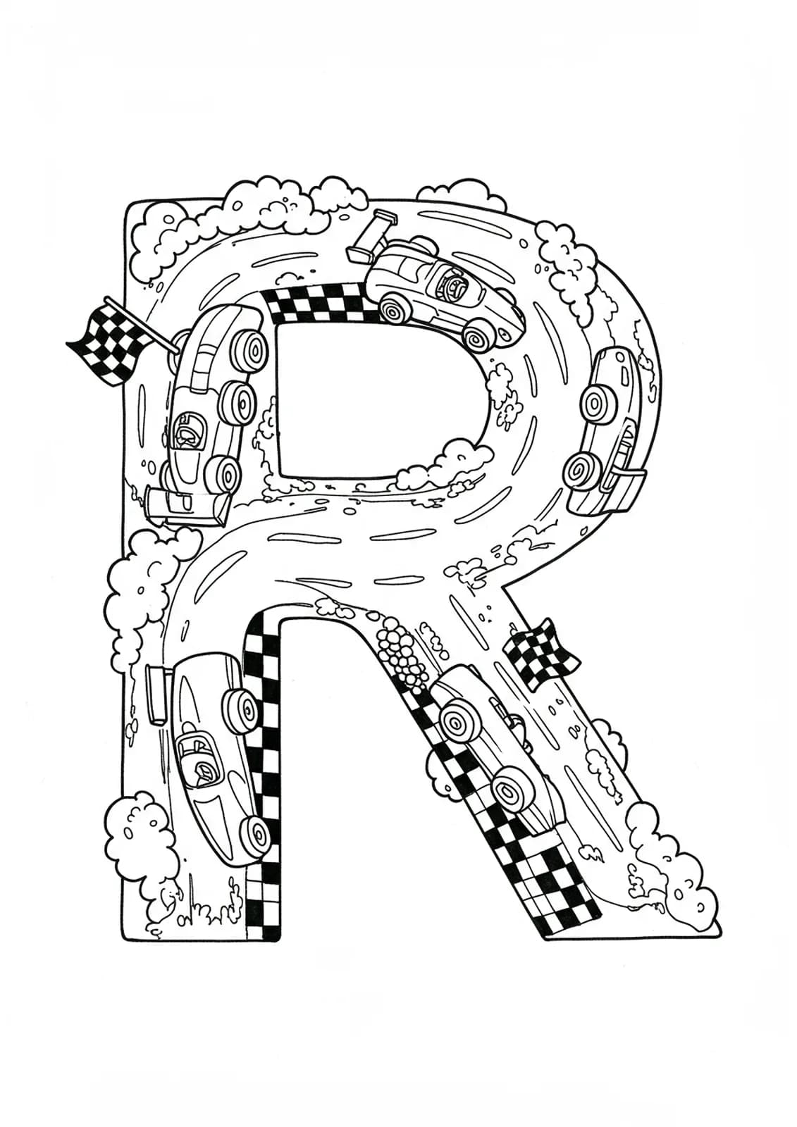 Line art coloring page of the letter R with race cars, checkered flags, and racetrack