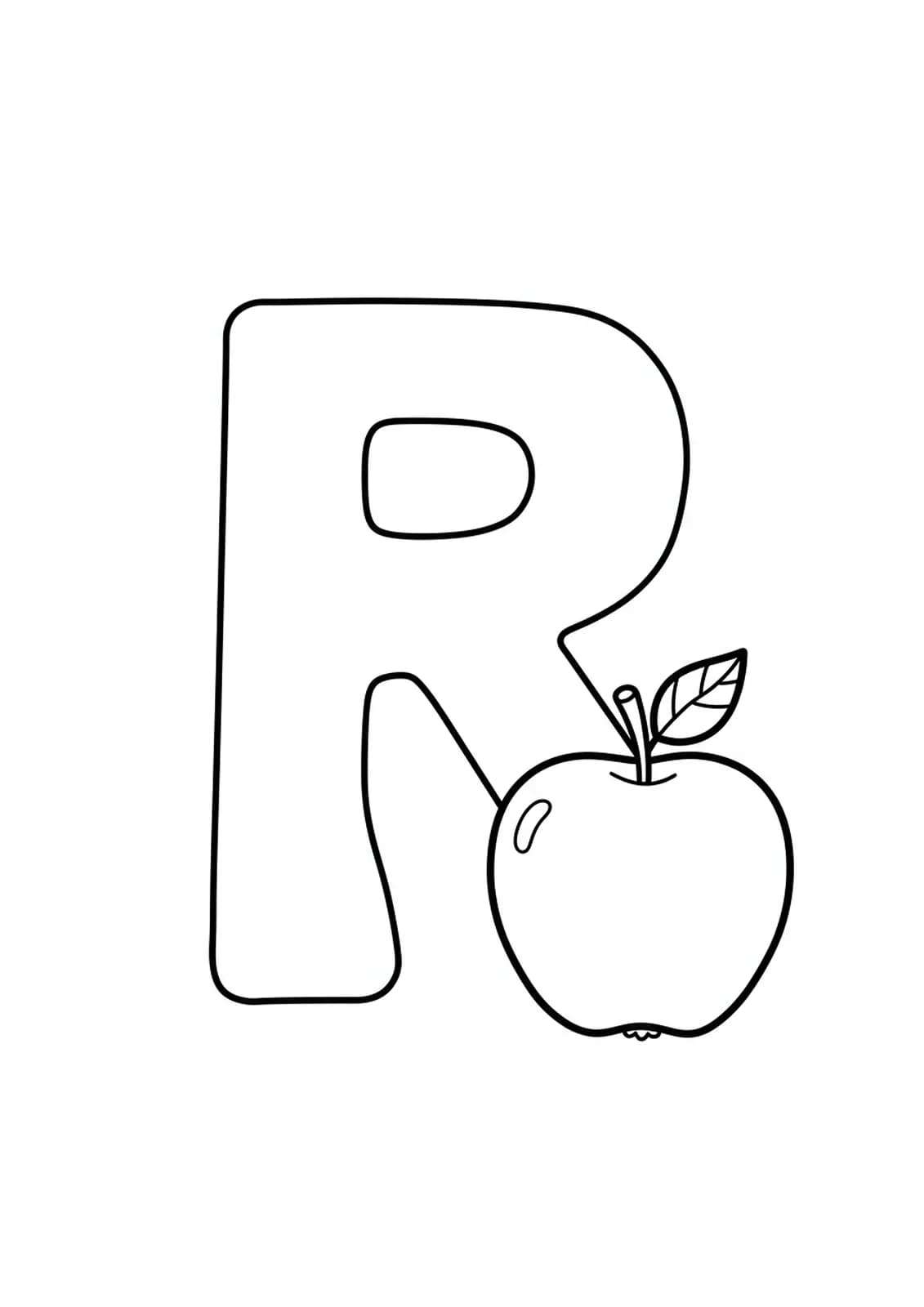 Large letter R with a cartoon apple next to it, big easy outlines for coloring.