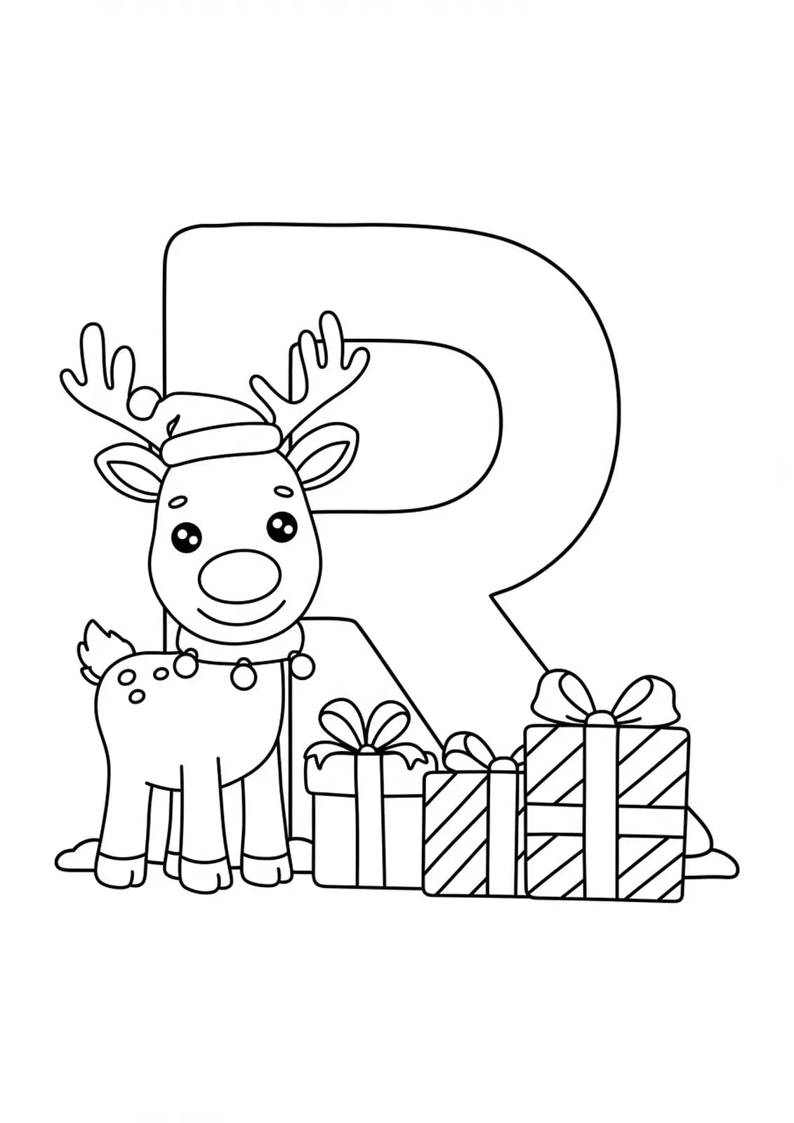 Large letter R with a smiling reindeer and Christmas presents, easy to color outlines for kids.