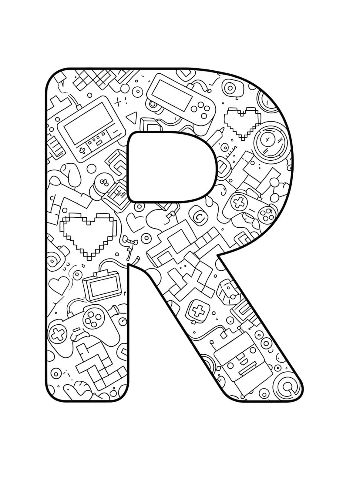 Letter R with retro gaming icons and simple outlines, easy coloring page for teens