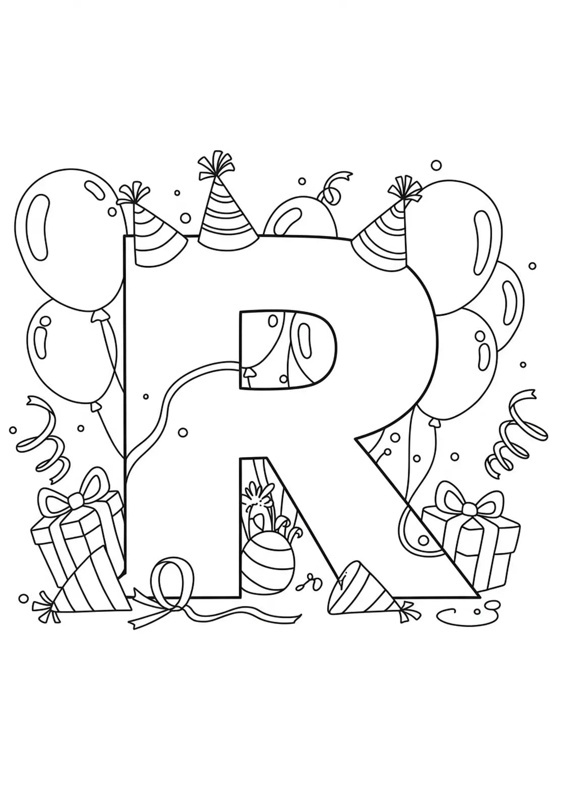 Large letter R with festive ribbons and balloons around it, simple outlines for easy coloring.