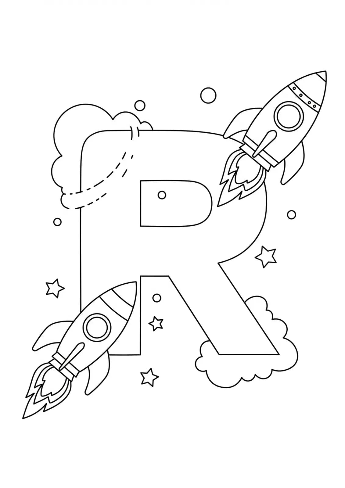 Large letter R with two cartoon rocket ships flying around it, easy outlines for coloring.