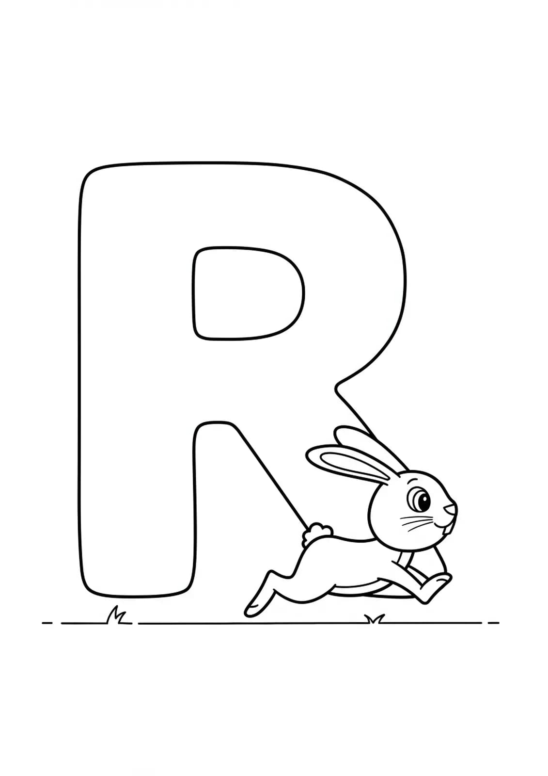 Large letter R with a happy running cartoon rabbit beside it, simple outlines for easy coloring.