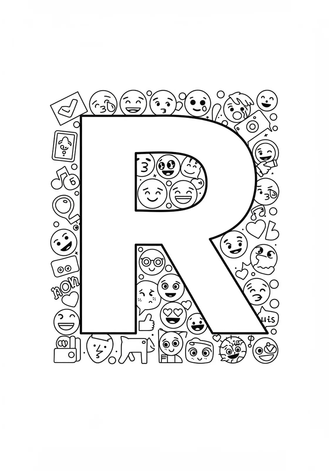 Letter R with simple social media icons and emojis, easy printable for teens
