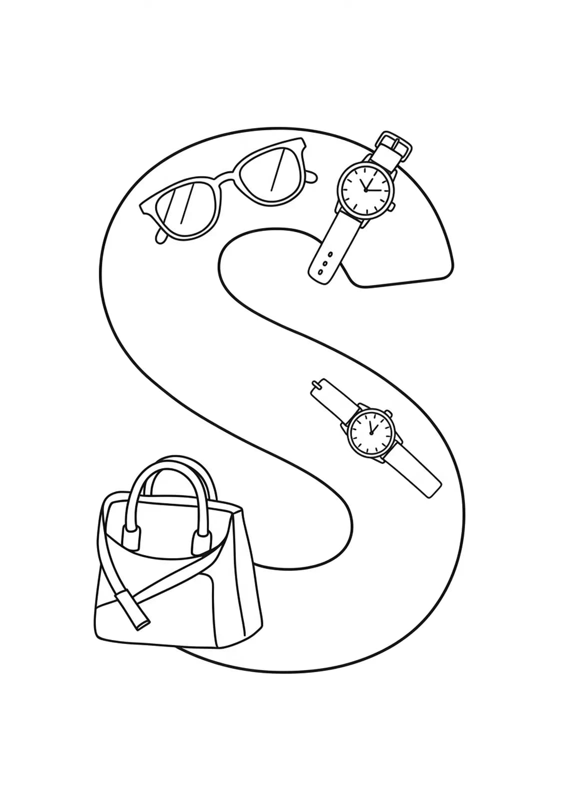 Fashion accessories Letter S coloring page with sunglasses, watch, and bag outlines, easy for teens.