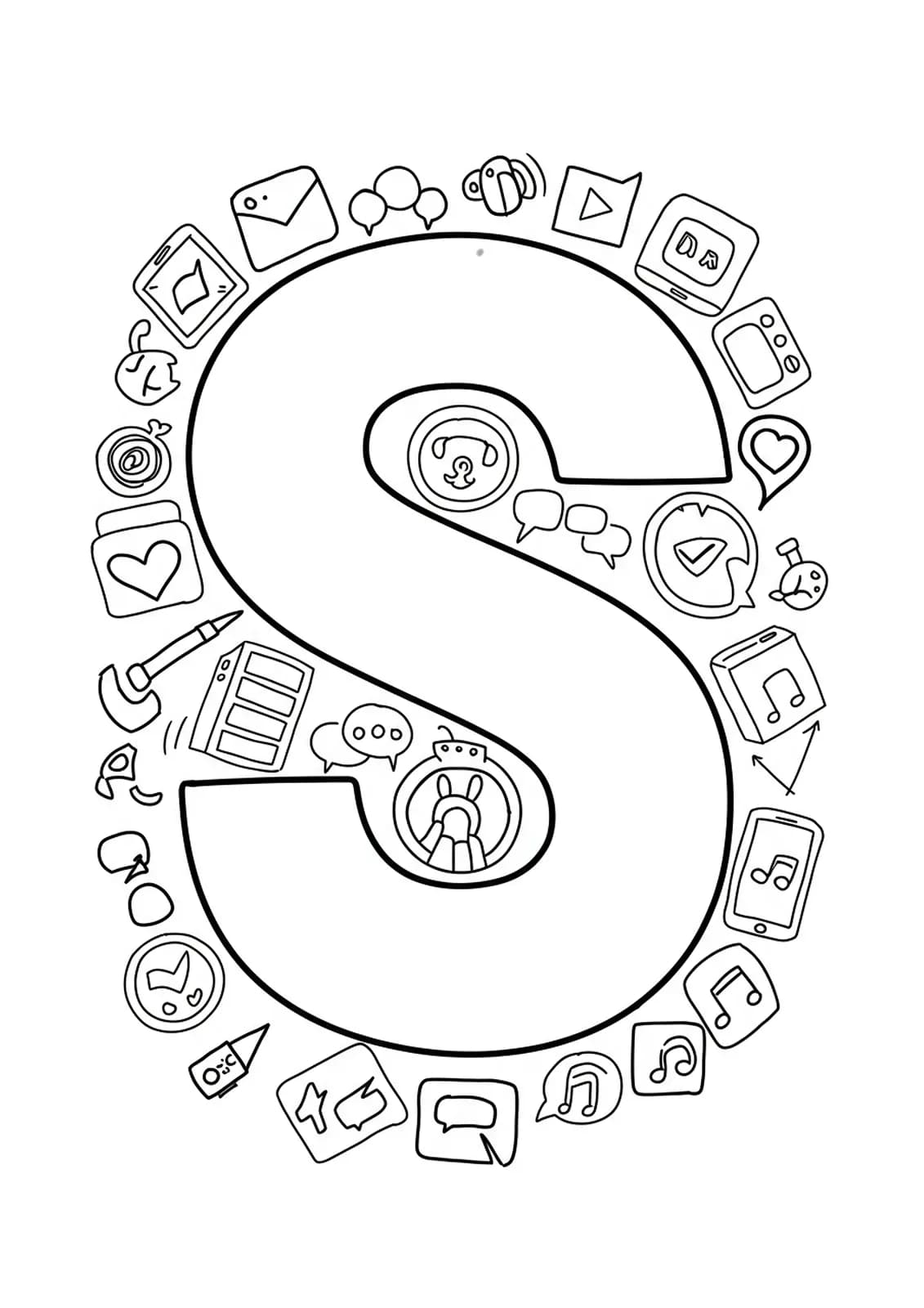 Letter S coloring page with easy outlines of social media icons for teens.